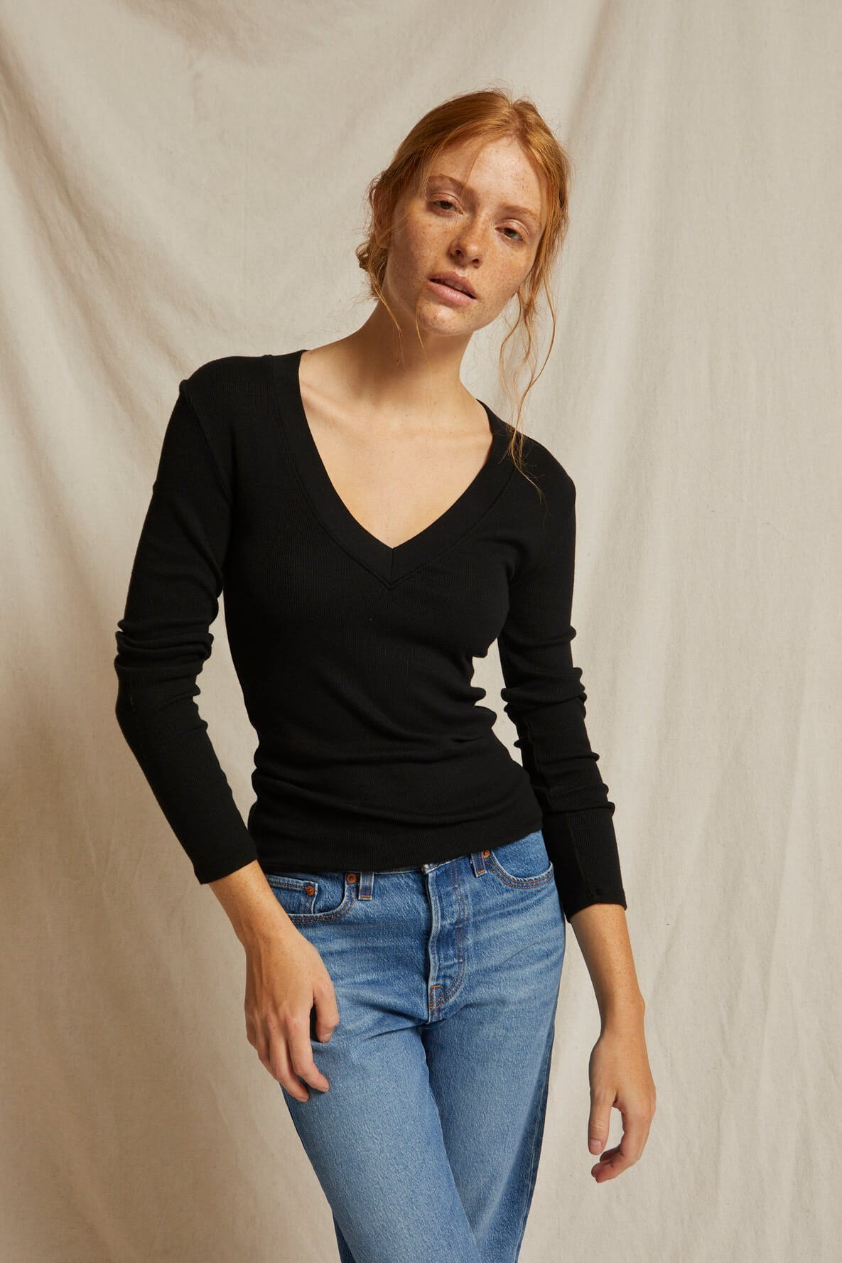 Perfect White Tee Viola Ribbed Long Sleeve in black