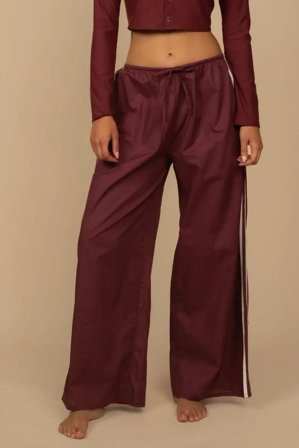 Montce maroon wide leg mid rise pants with white stripe down side