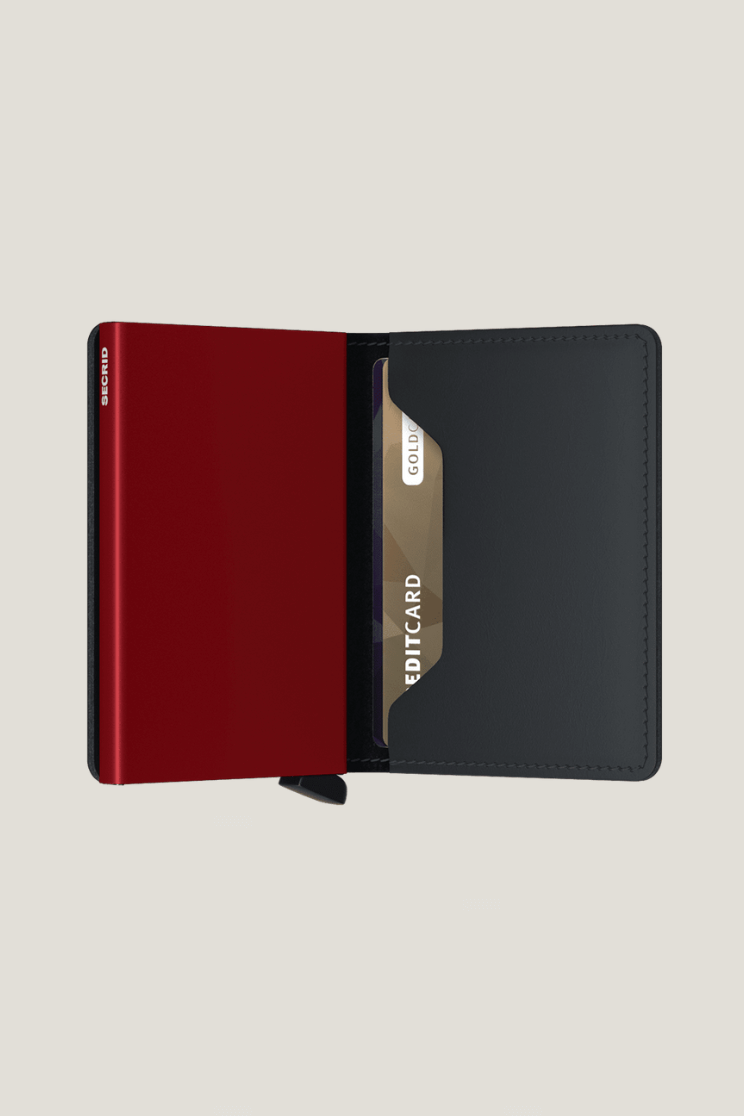SEcrid slim wallet in matte black and red