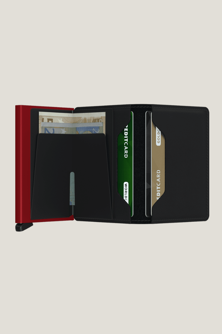 SEcrid slim wallet in matte black and red