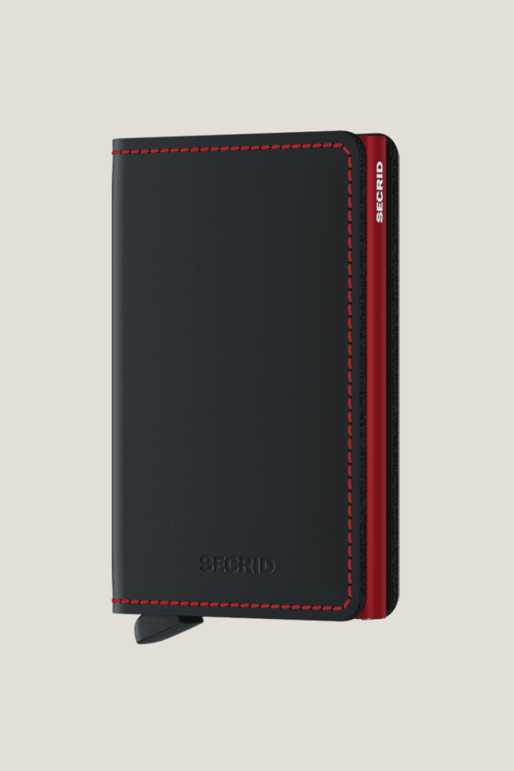 SEcrid slim wallet in matte black and red