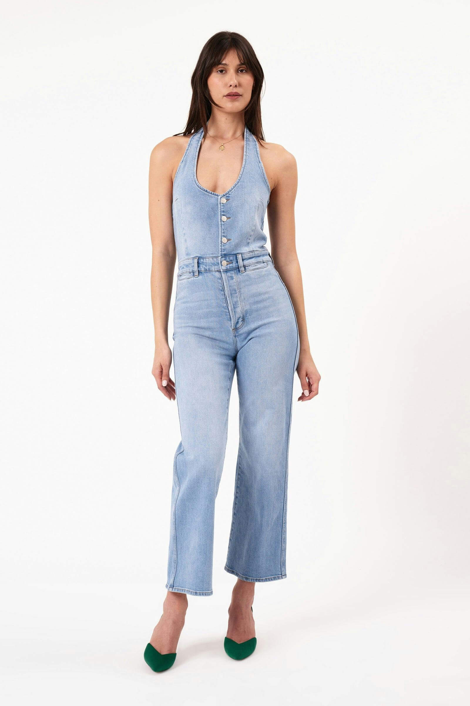 Rollas Jeans halter jumpsuit in mid vintage blue