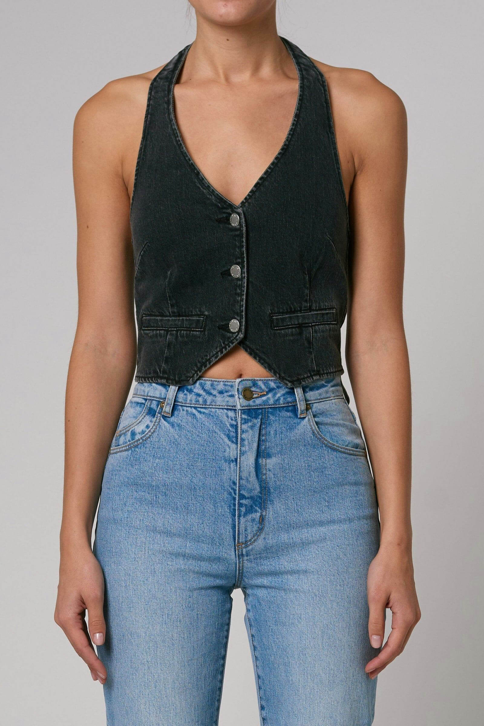 Rolla's Jeans halter vest in ash washed black