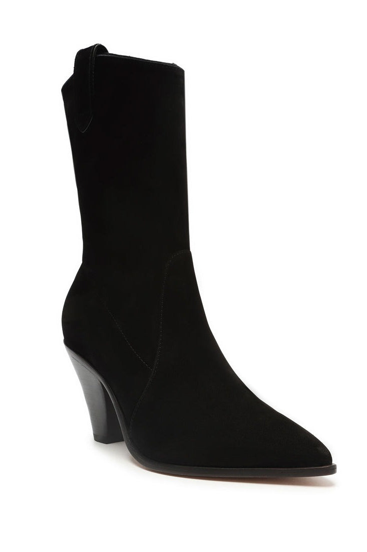 black nubuck leather pointed toe boots