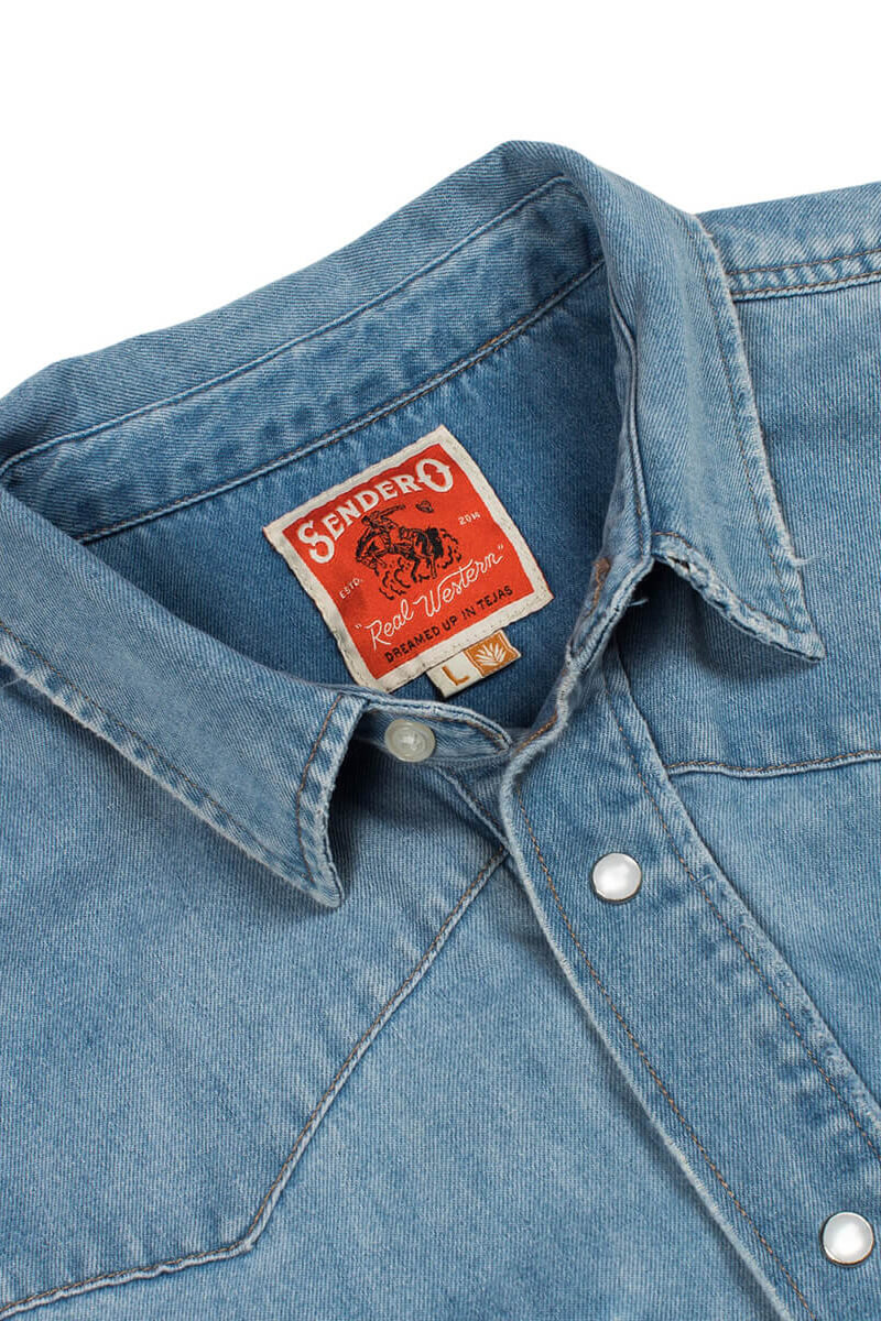 Sendero Wyatt Pearl Snap Shirt in vintage denim