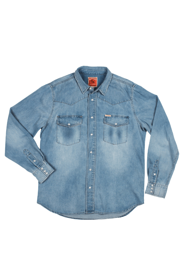 Sendero Wyatt Pearl Snap Shirt in vintage denim