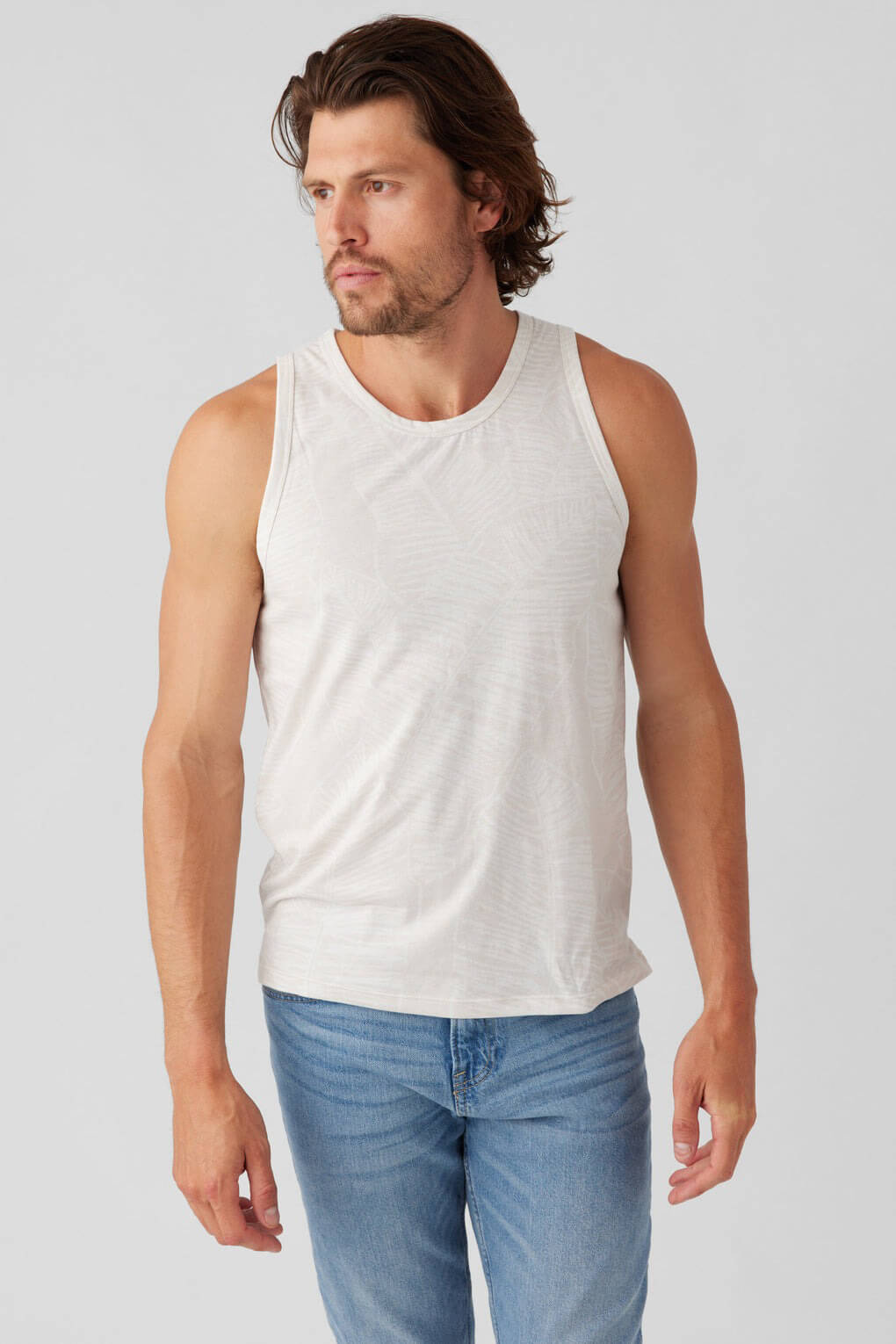 Sol Angles leaf tank in ecru. Sol Angeles men’s clothing. Casual men’s clothing. Upscale men’s clothing. Weekend clothing for men. Vacation clothing for men. Casual chic clothing for men. Men’s vacation clothing. Men’s weekend wear clothing. Linen clothing for men. Comfortable cotton clothing for men. Breathable clothing for men. Transition clothing for men. Casual t-shirts for men. Comfortable men's t-shirts.