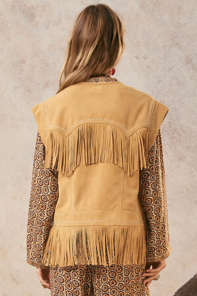 Spell fearless heart suede fringe vest in sun glow