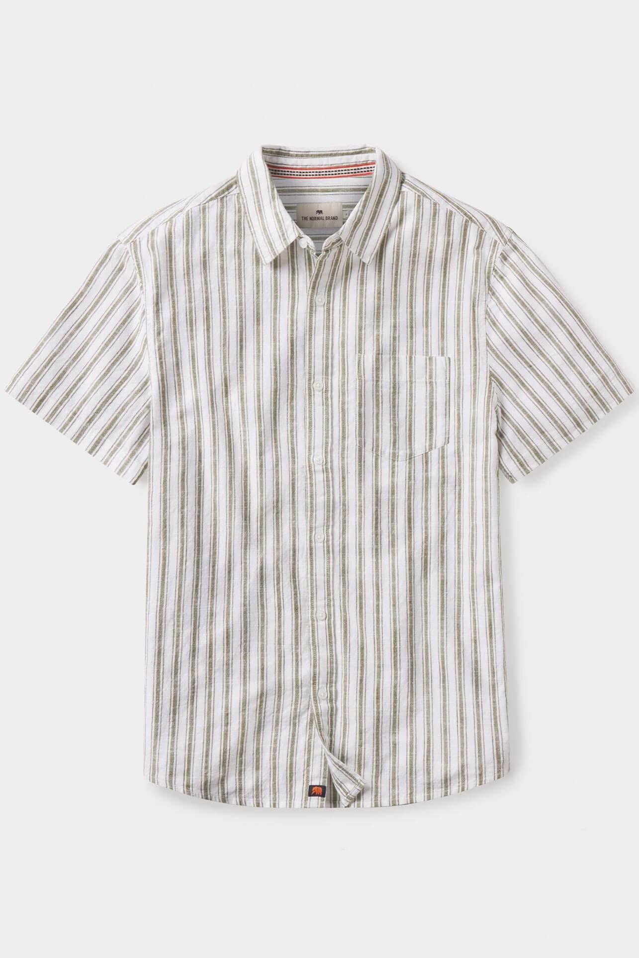 The Normal Brand short sleeved lived in cotton button up in pine needle stripe