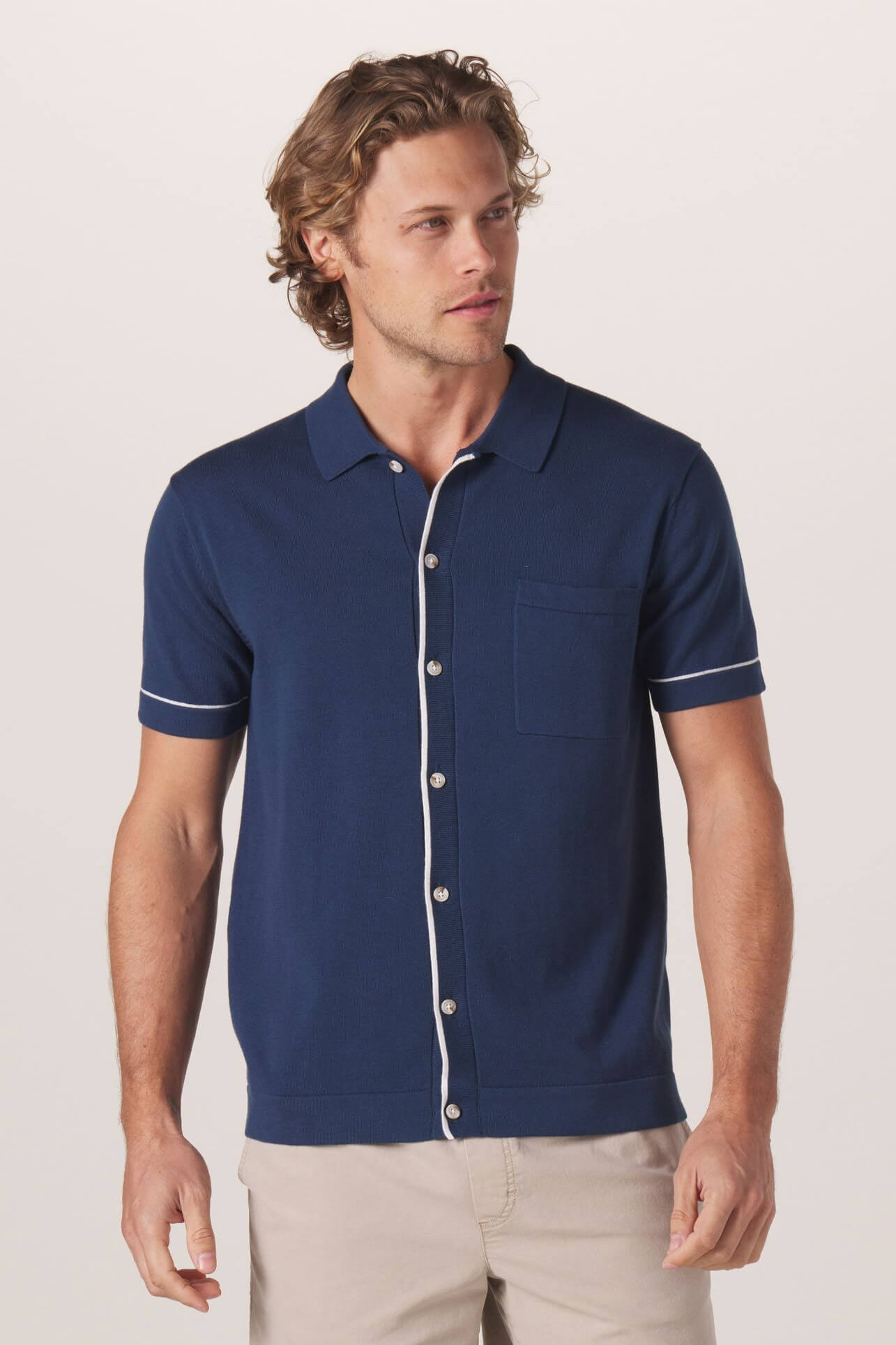 The Normal Brand Robles knit button down in navy and white