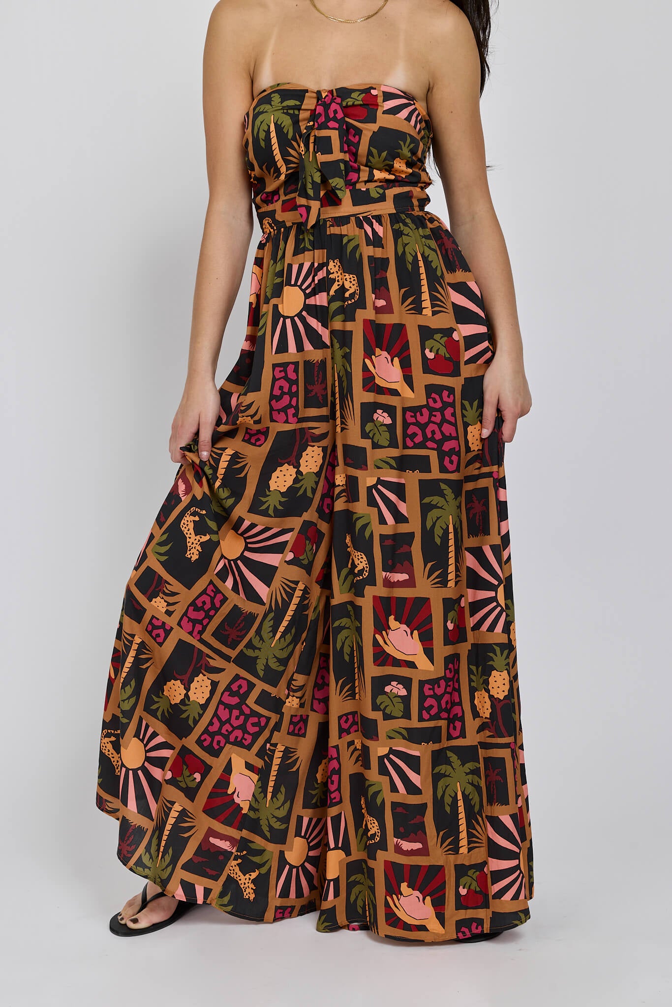 Womens wide leg jumpsuit with front tie detail