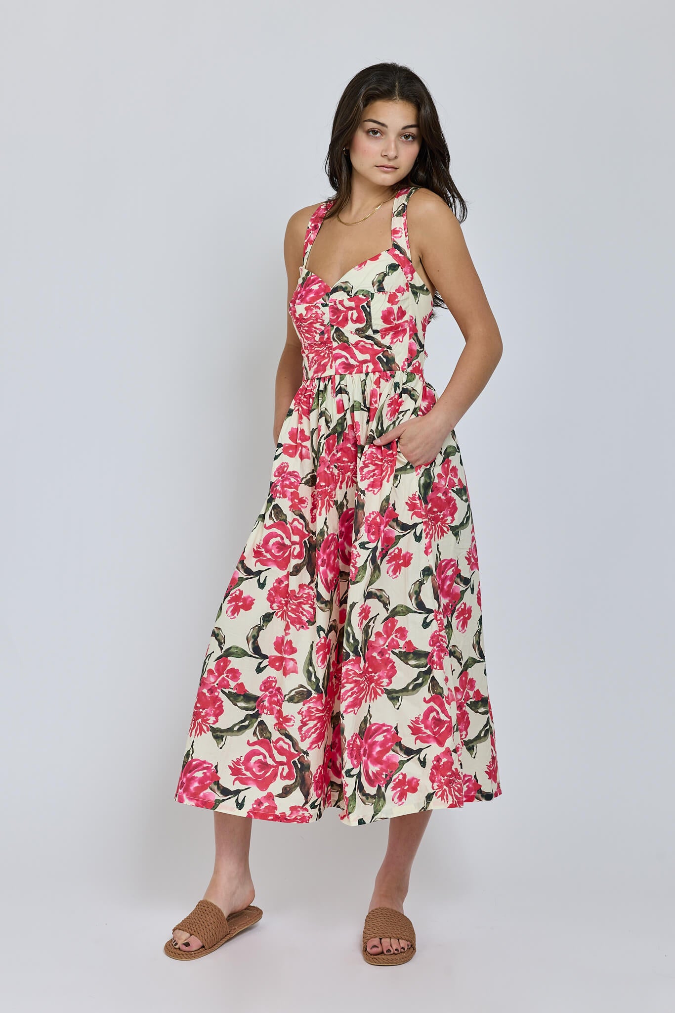 Womens pink midi dress with pockets