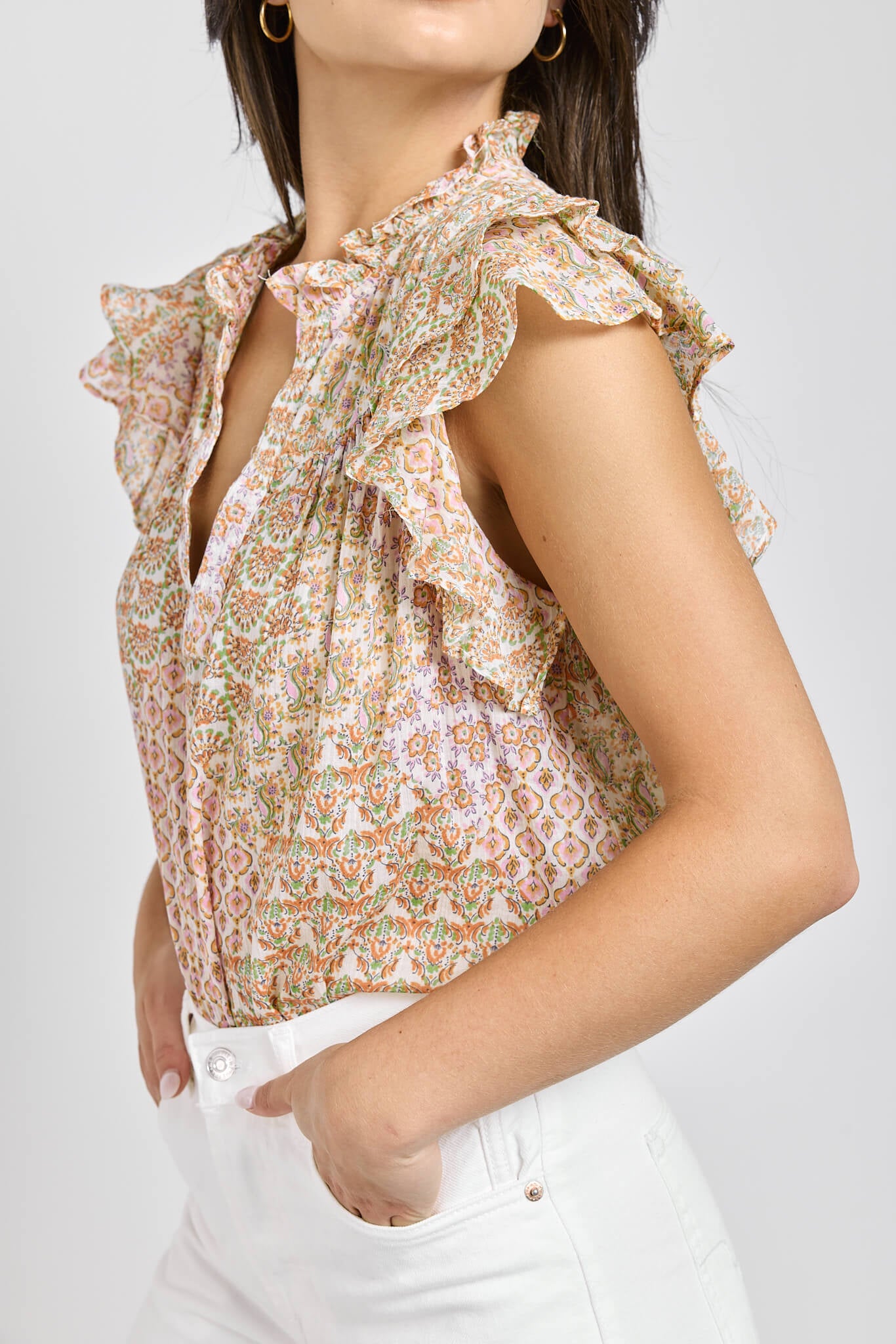 Womens pink and green ruffle short sleeve blouse