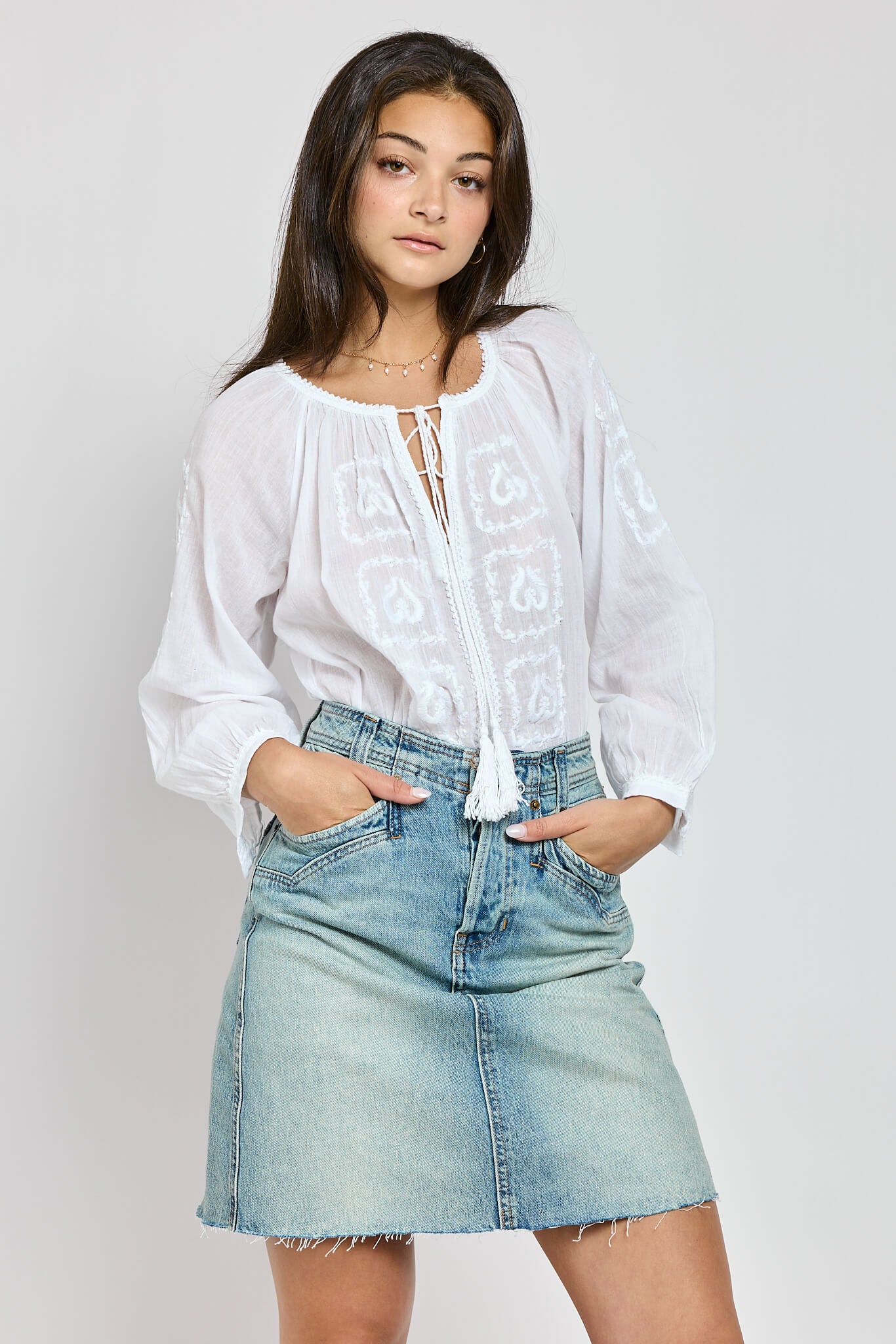 Womens white cotton long sleeve blouse with front tie tassels