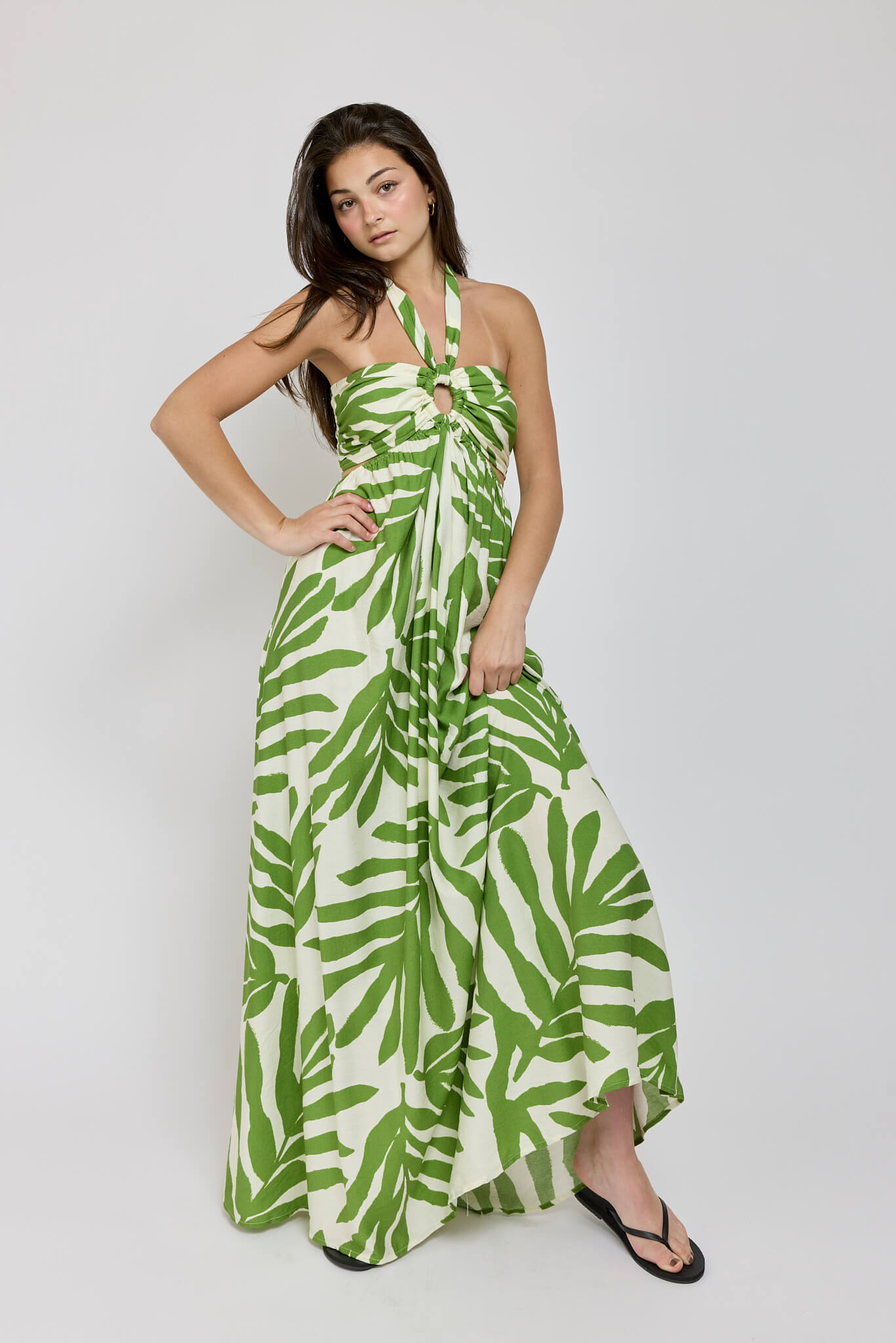 Womens green leaf print maxi dress
