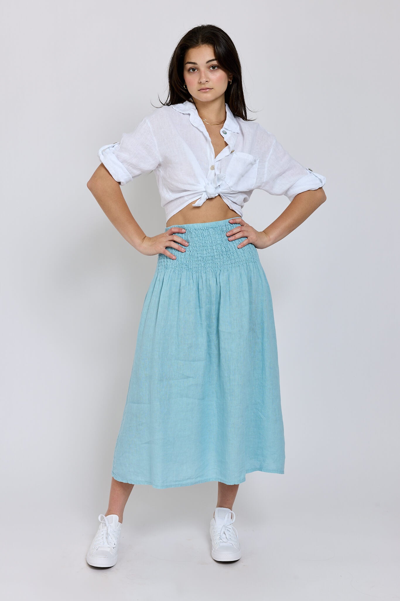 Womens italian linen blue smocked skirt