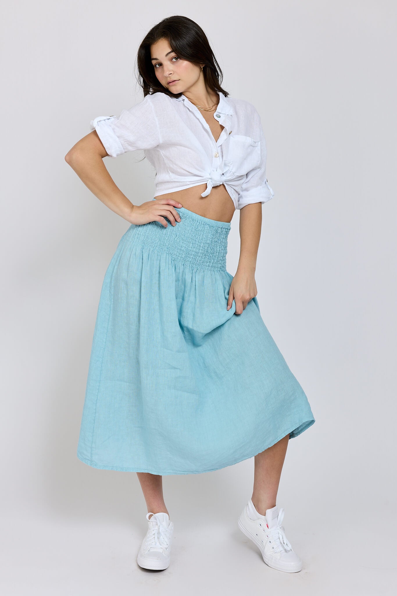 Womens linen smocked midi skirt