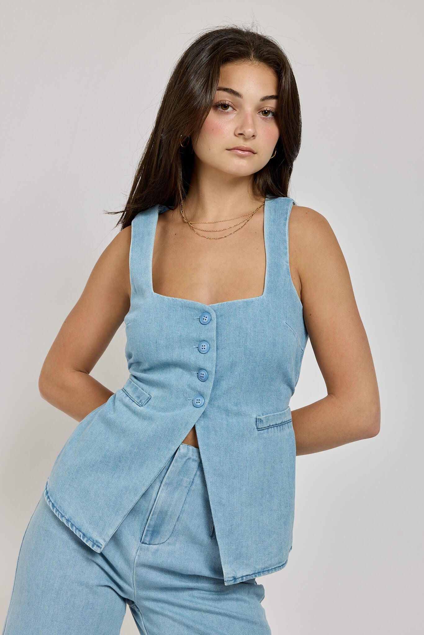 Womens denim button wide strap vest top