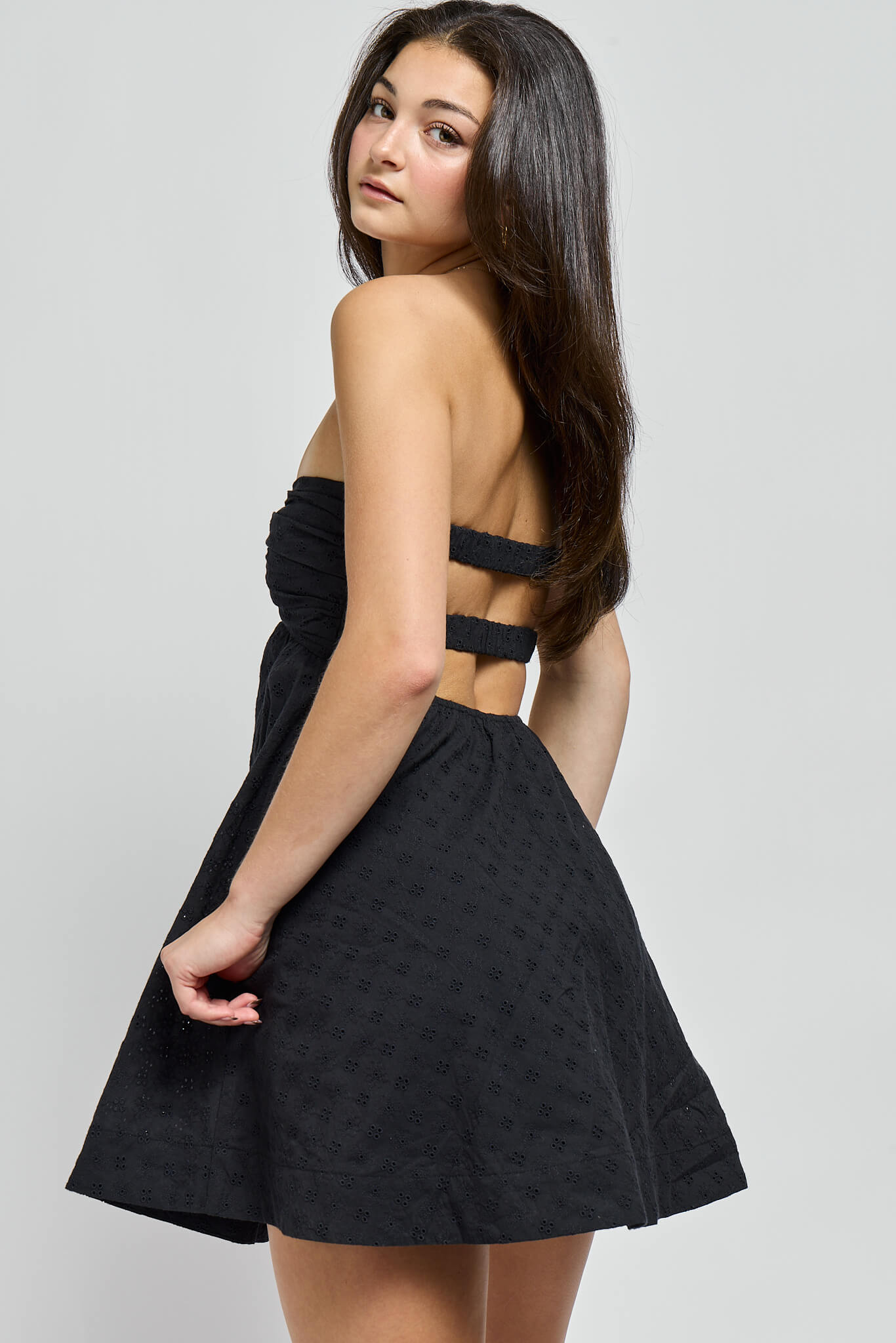 Womens strapless black eyelet detail mini dress