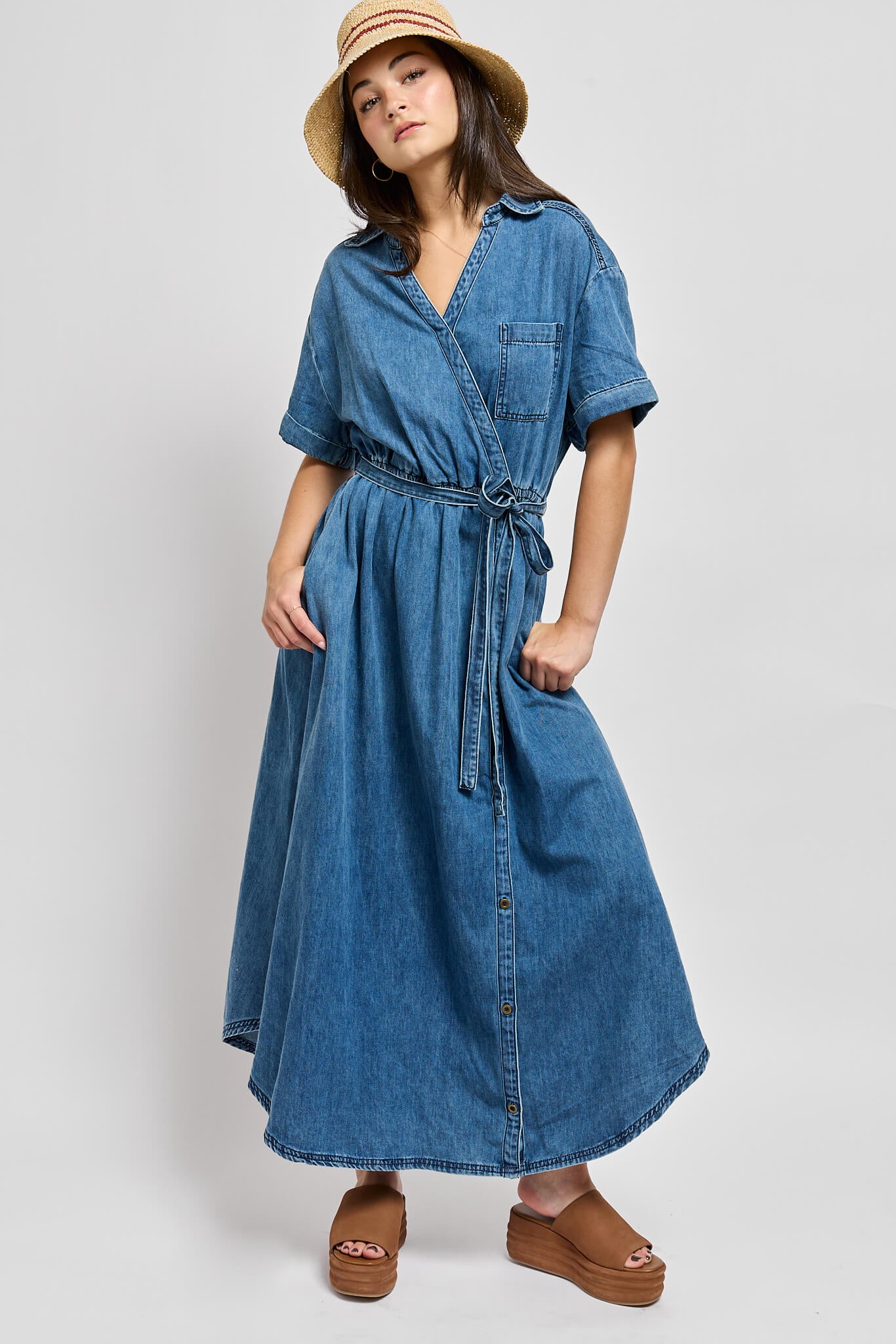 Womens denim midi dress with waist tie