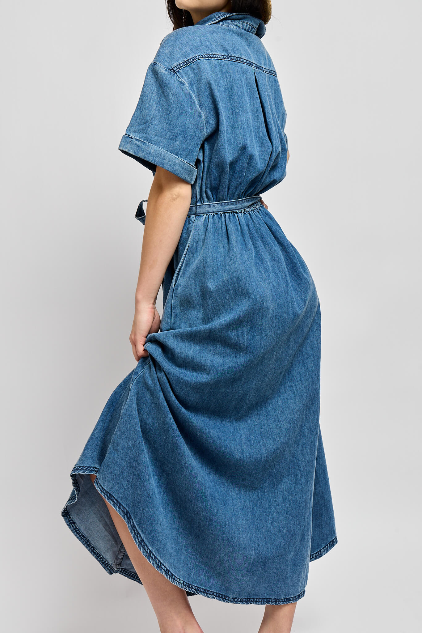 Womens denim midi dress with cuffed short sleeves and collard neckline