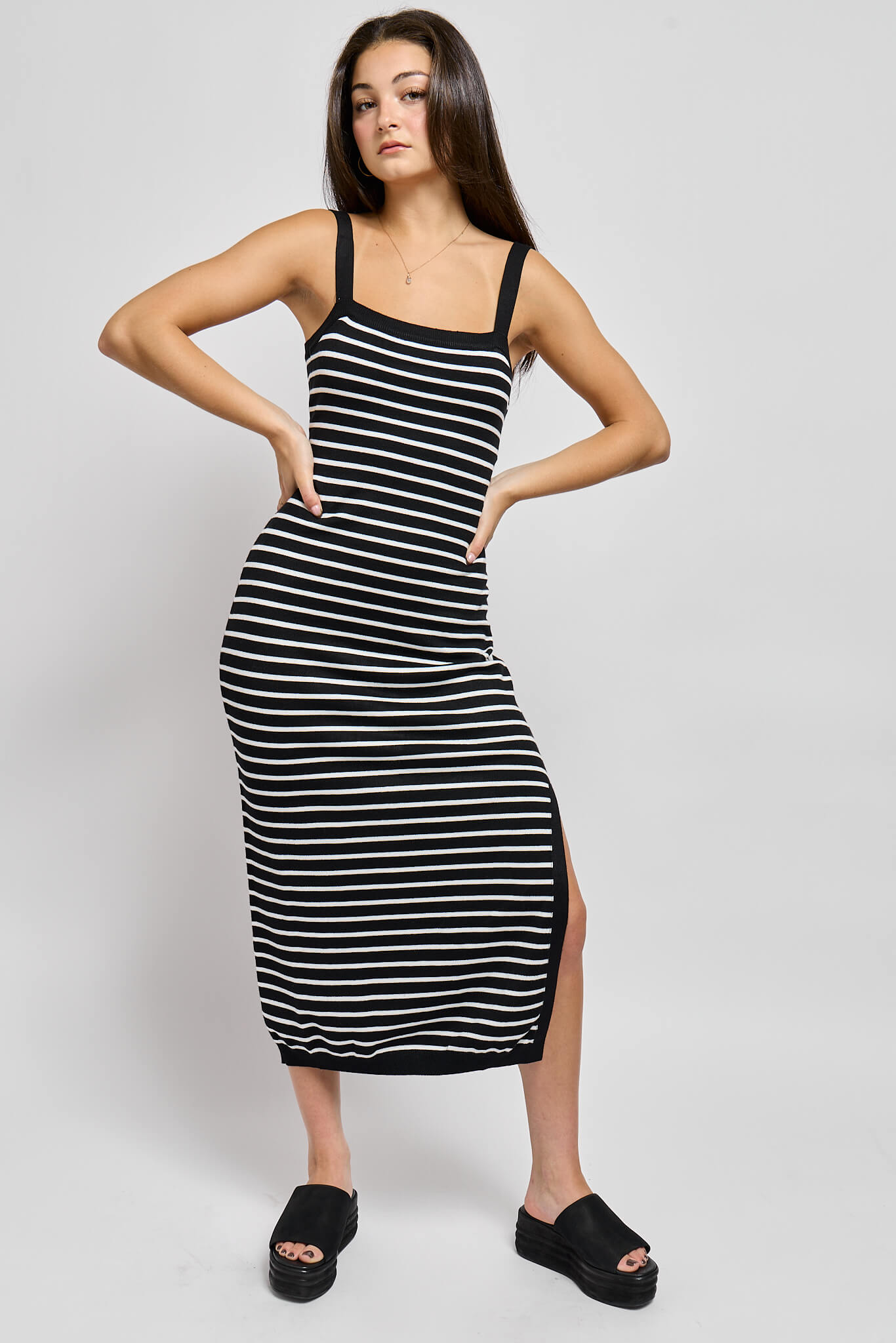 Womens midi dress with square neckline and stripes