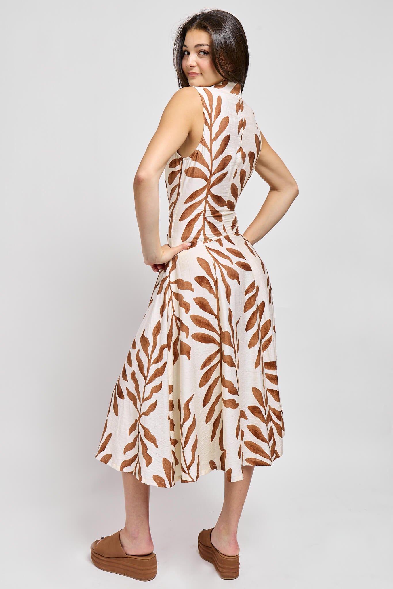 Womens fitted bodice midi dress in neutral tones