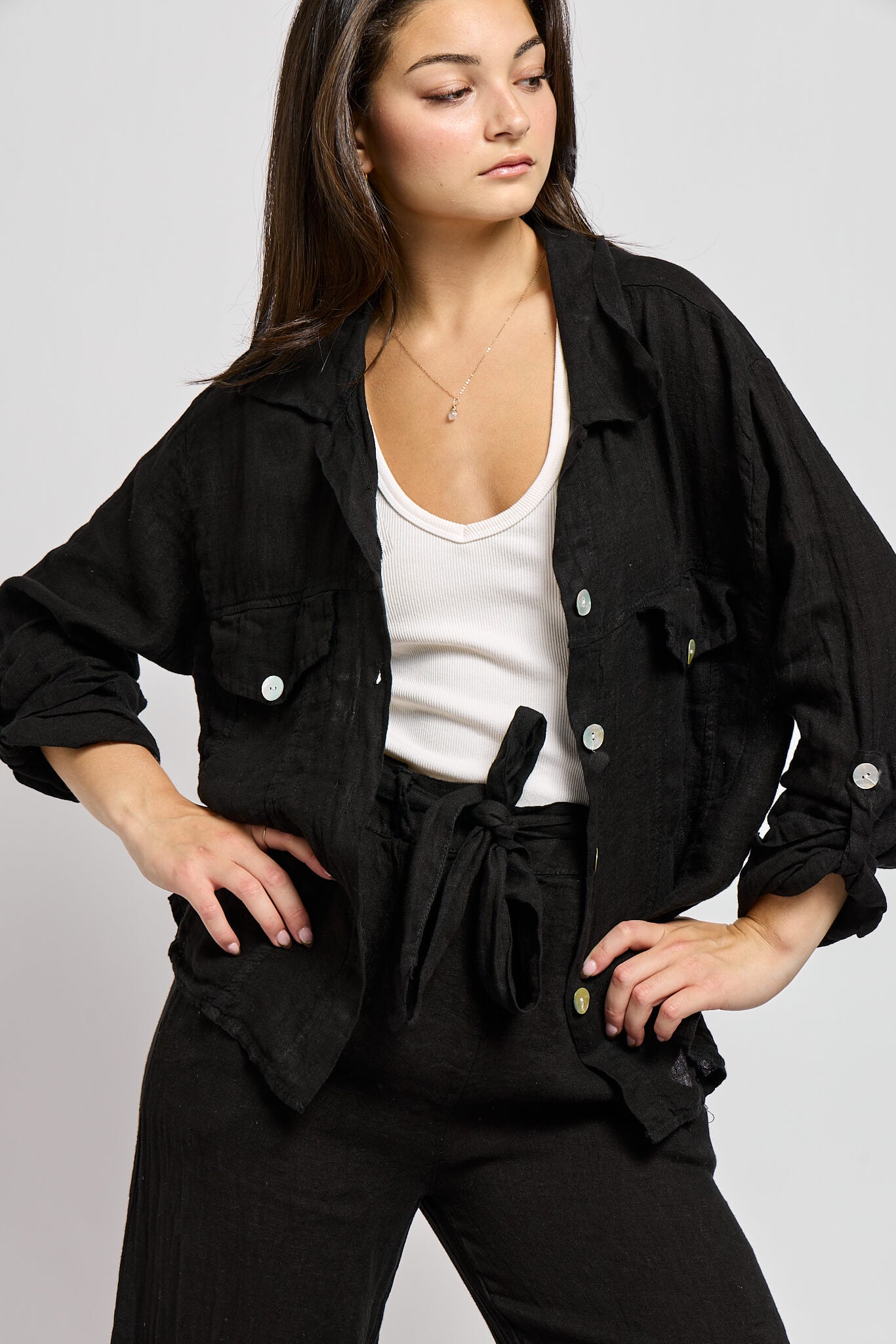 womens collared shacket with light buttons