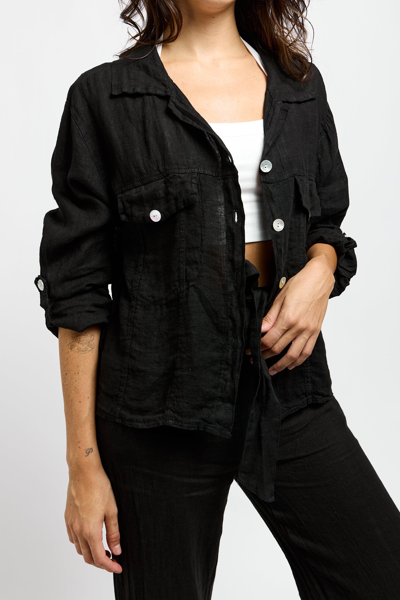 Women button up shacket with roll tab sleeves