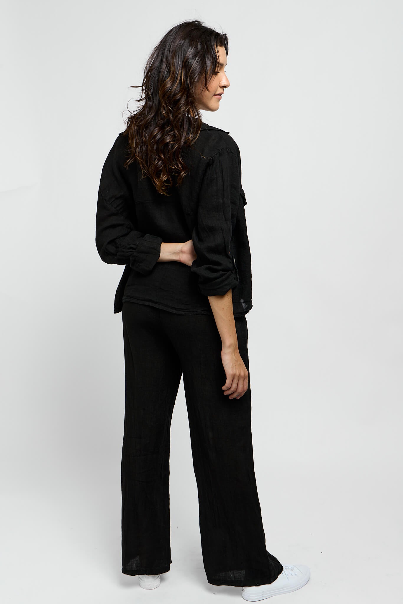 womens black italian linen roll sleeve shacket