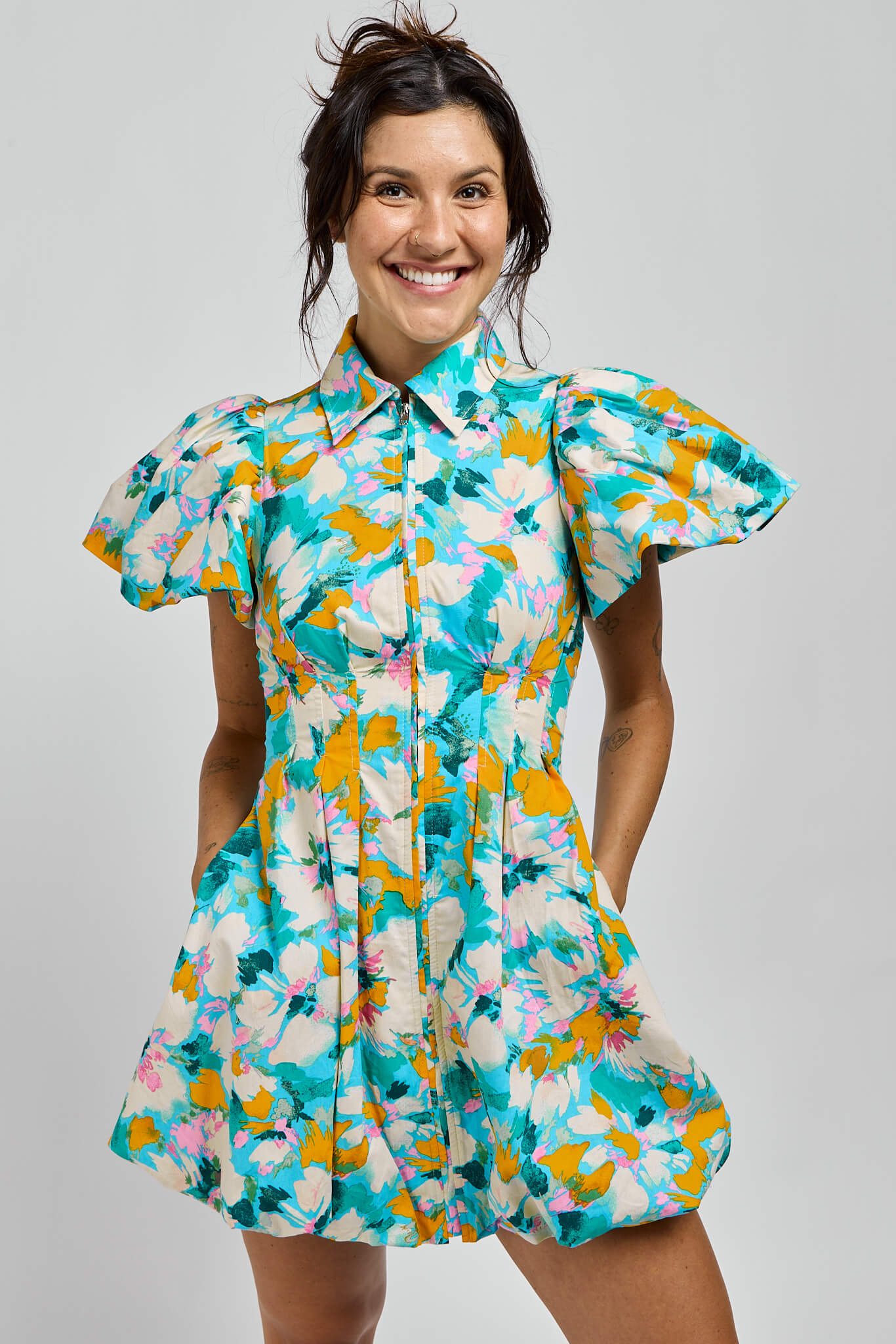 Womens bright neon floral print puff sleeve dress