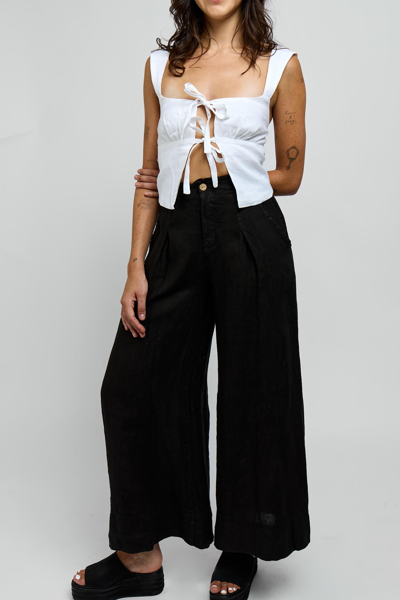 Womens black italian linen wide leg pants