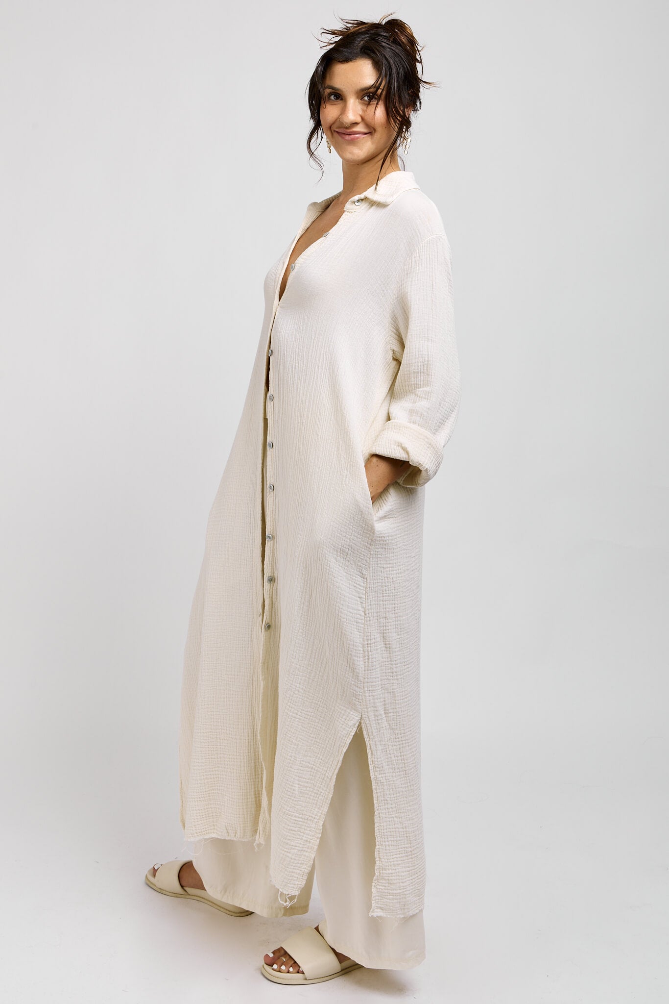 Womens oversized gauze style duster with roll sleeves and buttonup