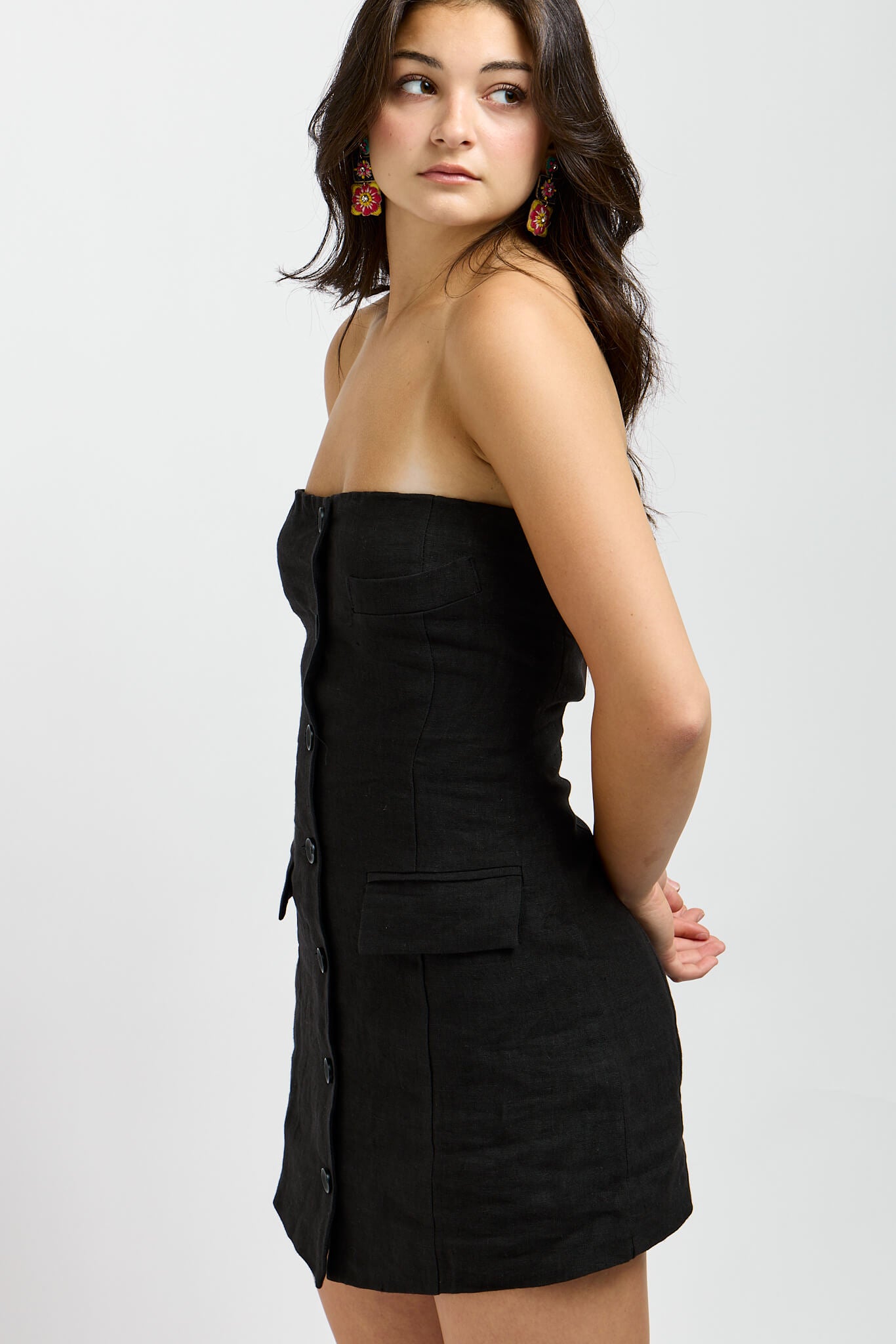Womens black linen mini with stretchy back