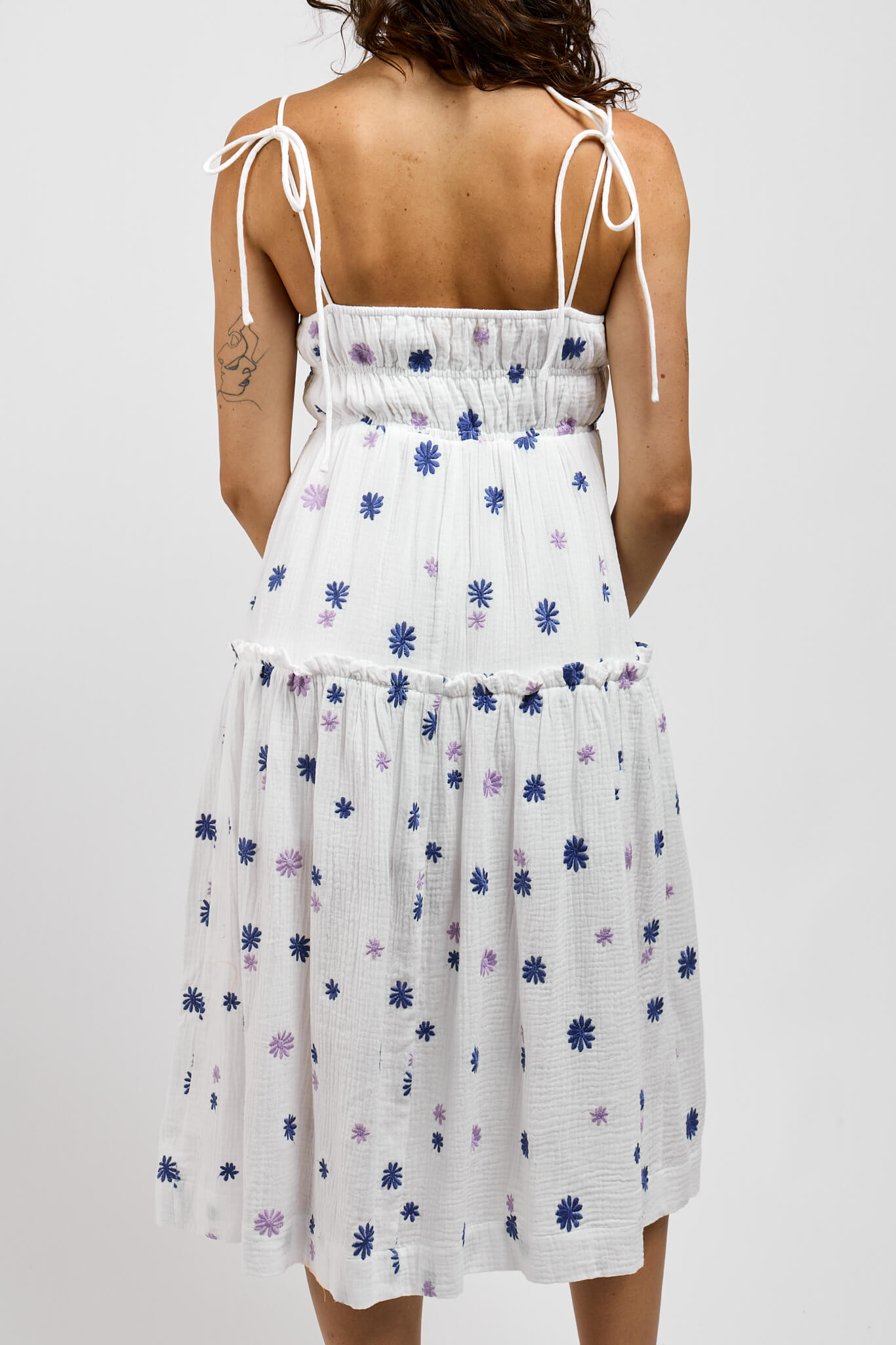 Womens white midi dress with stretchy chest and adjustable tie straps