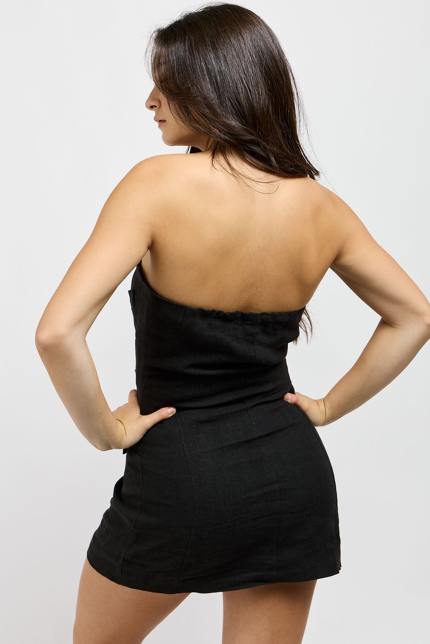 Womens black linen mini dress with stretchy back