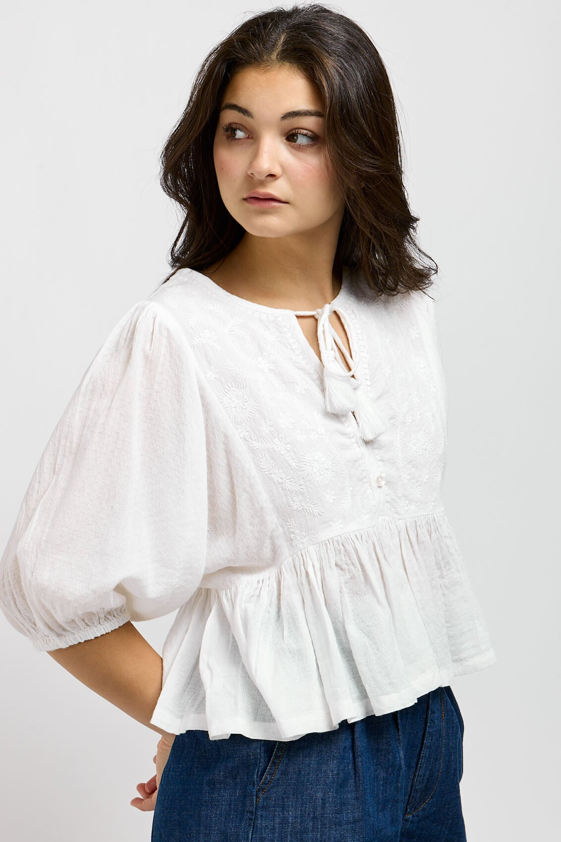 Womens white top with front tie and button detailing