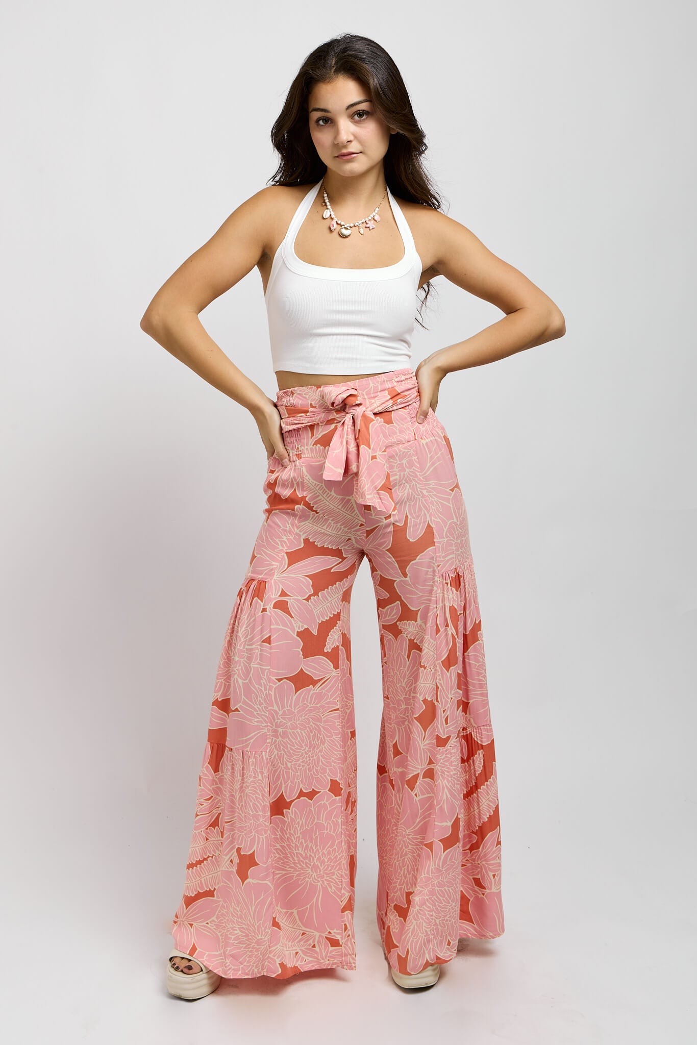 Orange and pink high waisted printed pants with front tie