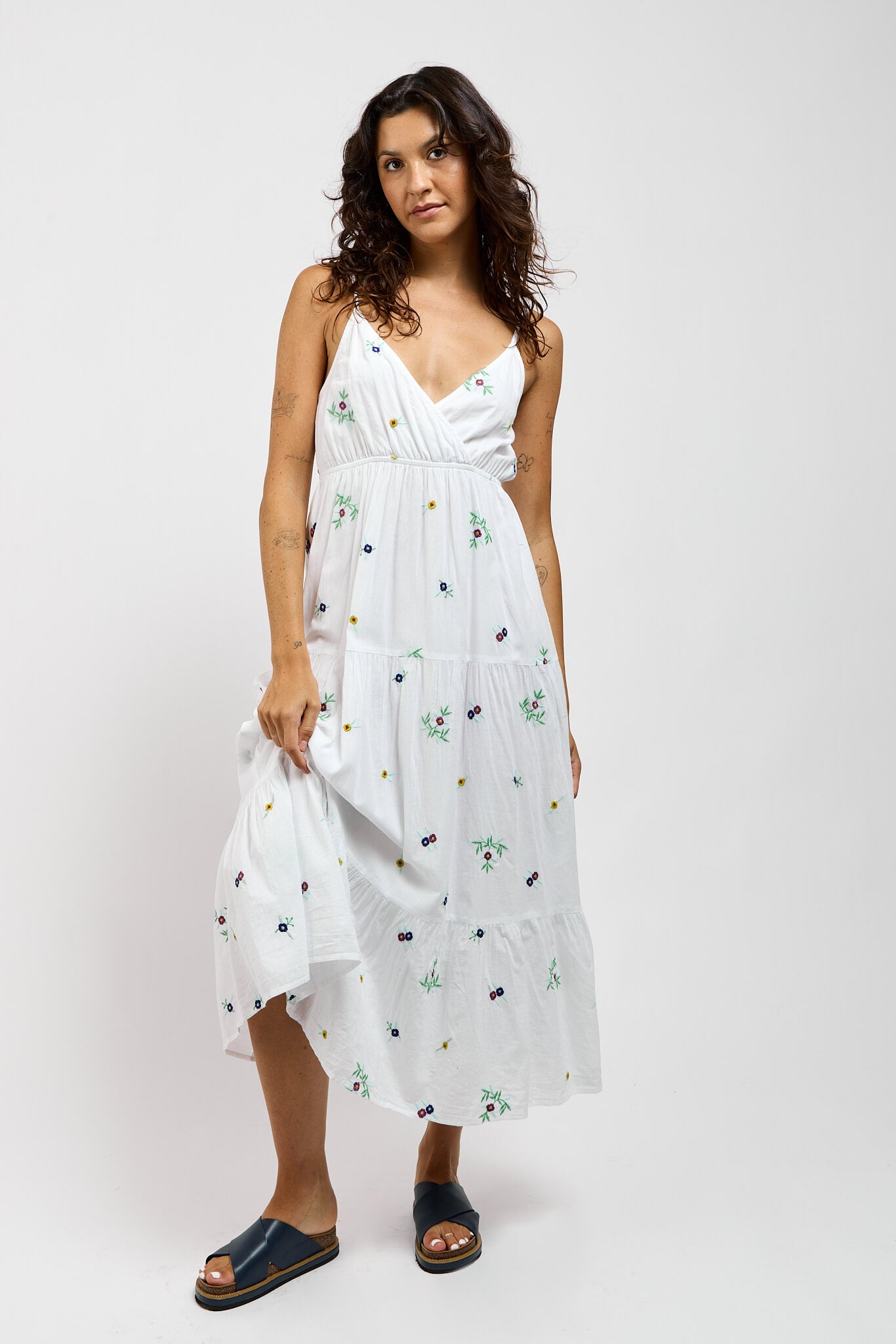 Womens v neck white tiered dress with floral spread all over