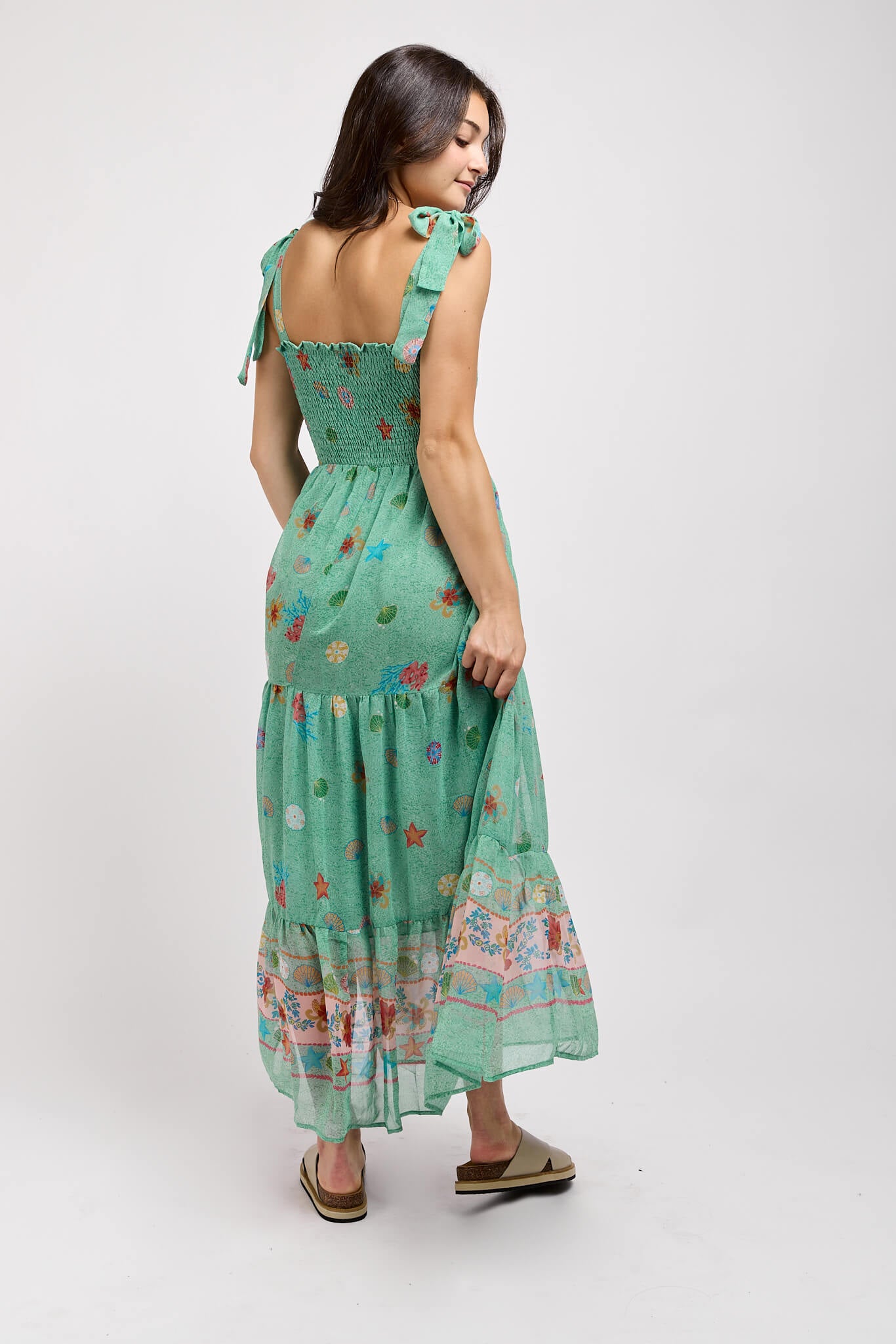 Womens tiered green seashell printed dress