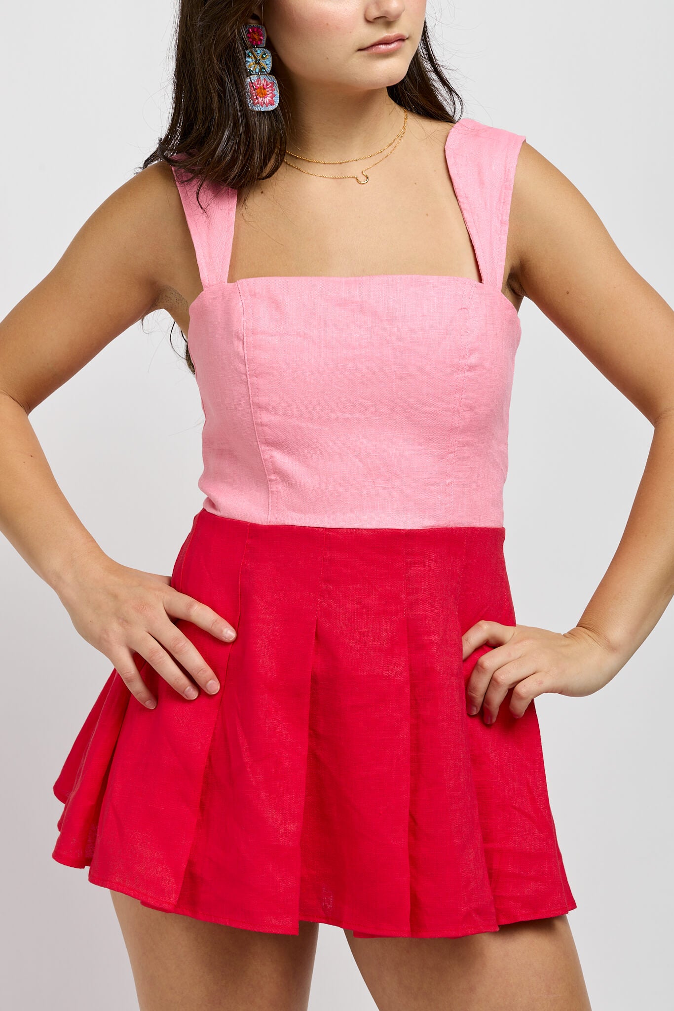 Womens feminine mini dress with pleating on skirt