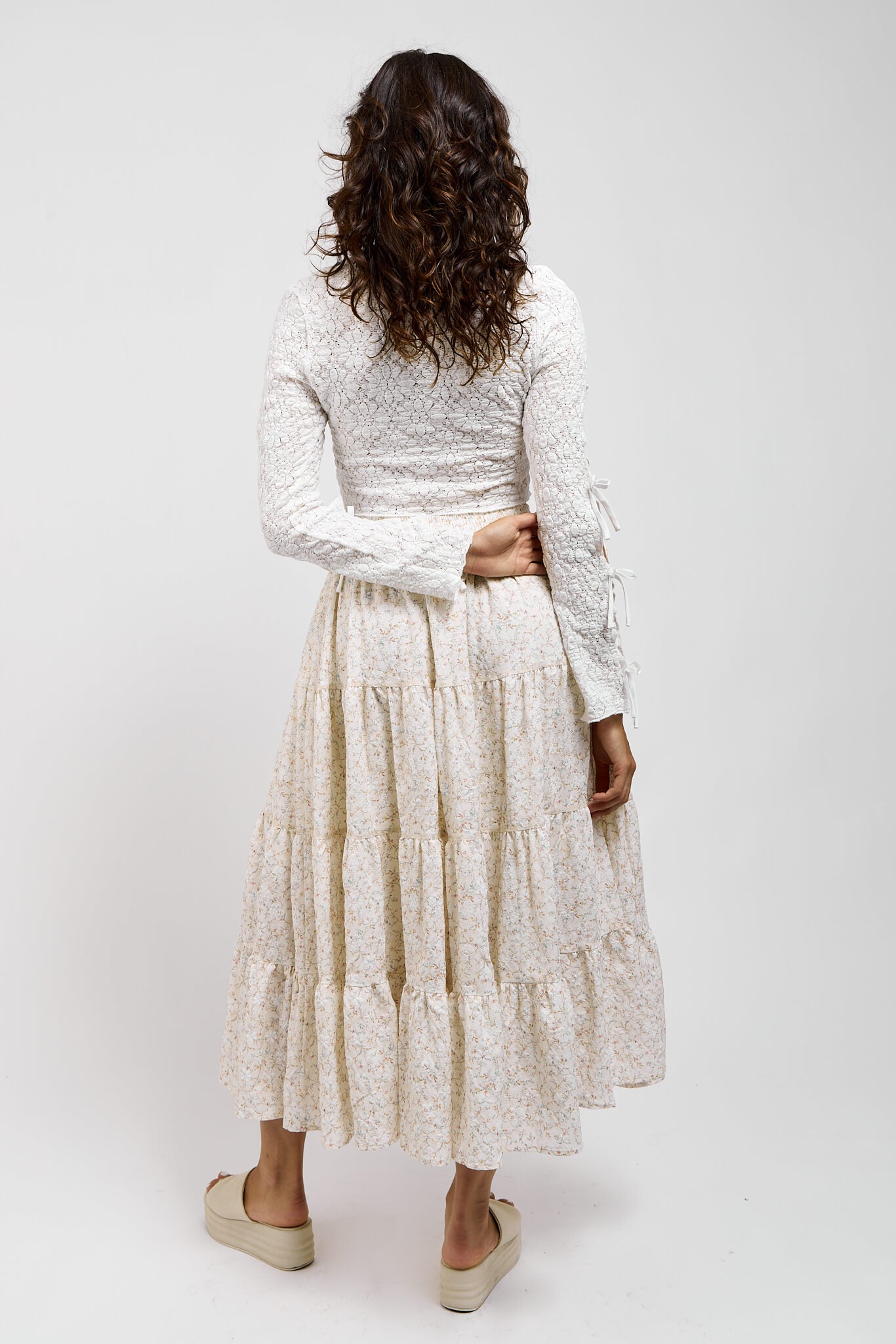 Womens tiered maxi skirt with pastel floral print