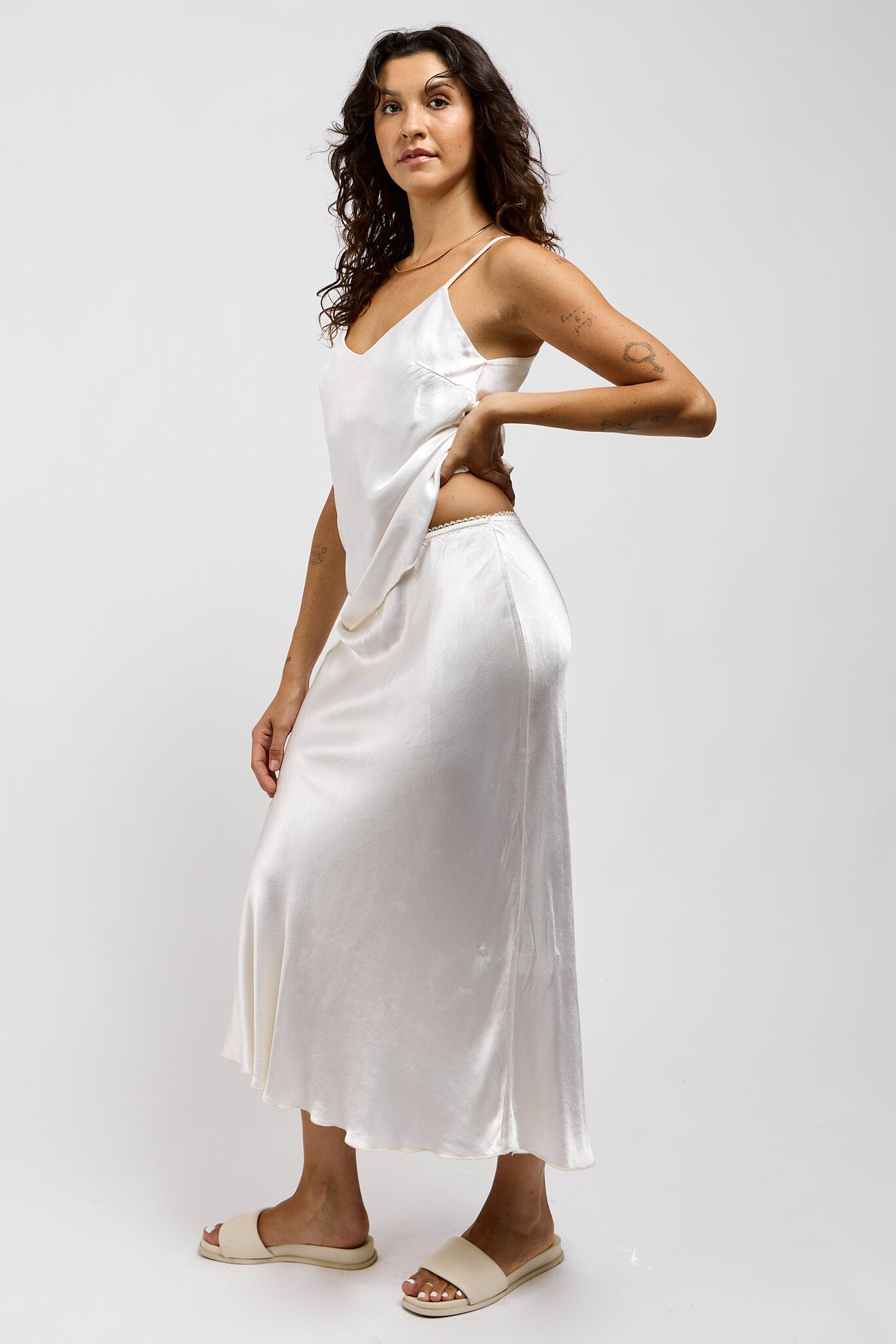 Womens silky neutral toned midi skirt