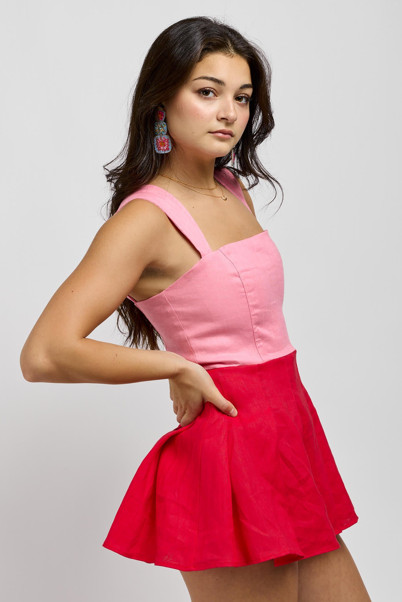 Womens square neck colorblock mini dress with pleating and wide straps