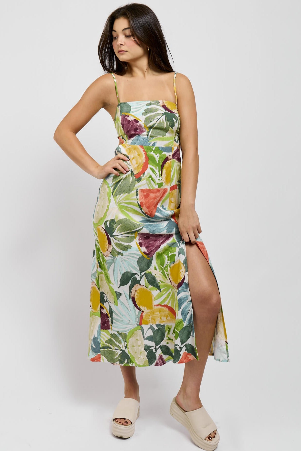 Wmpens watercolor style fruit printed dress with leg slit