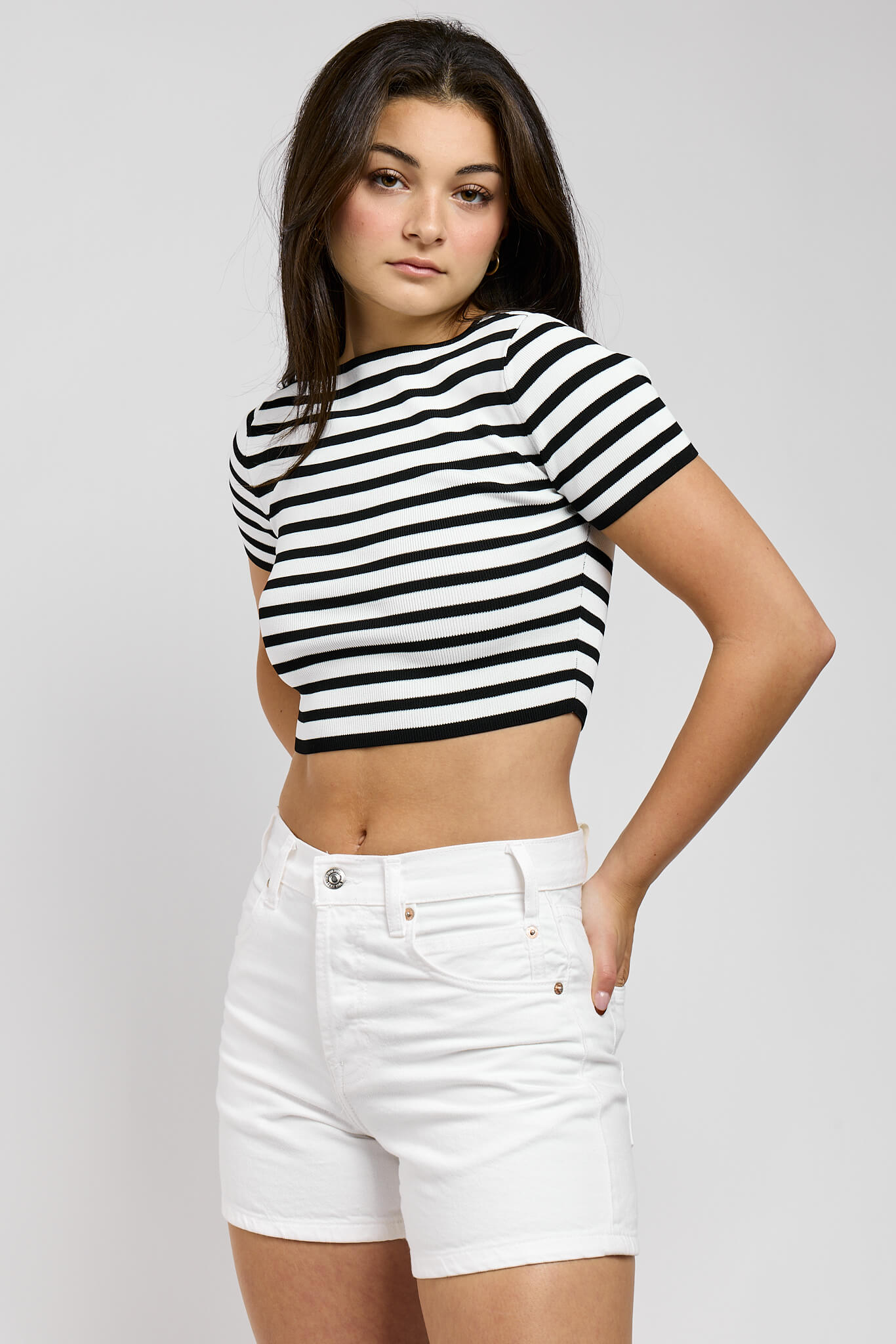 Womens ribbed black and white short sleeve top with boat neckline