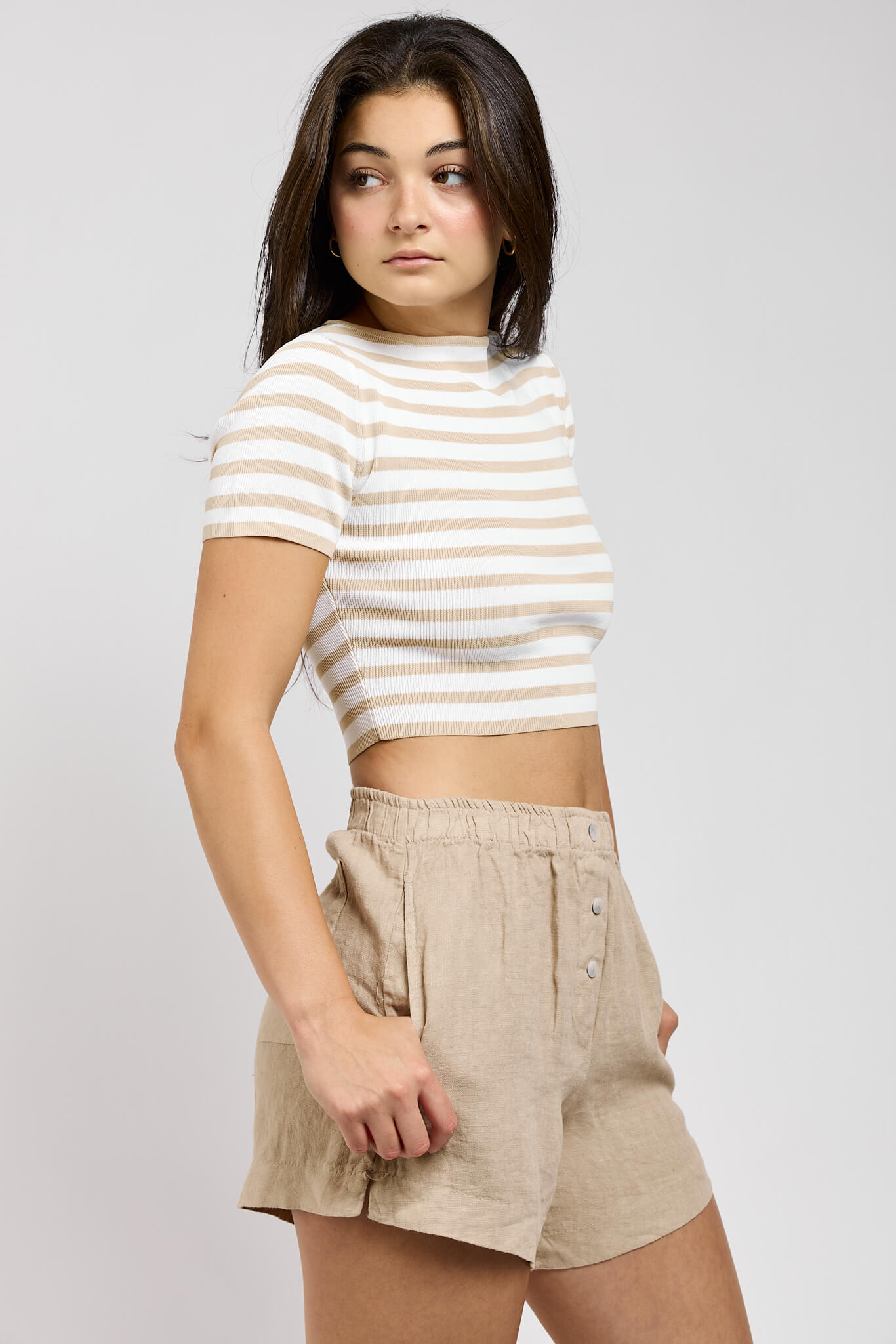 Womens light brown shorts with pockets and stretchy waistband