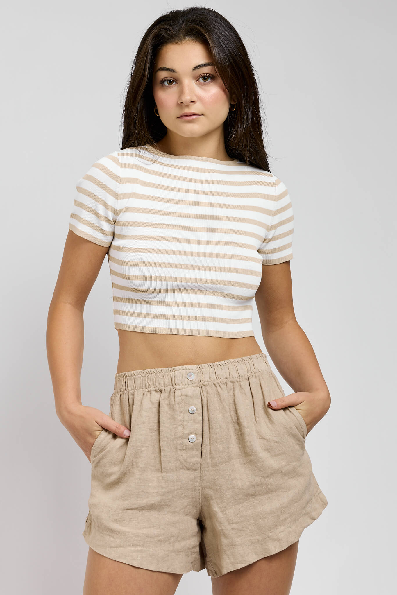 Womens white and light taupe boat neckline short sleeve top