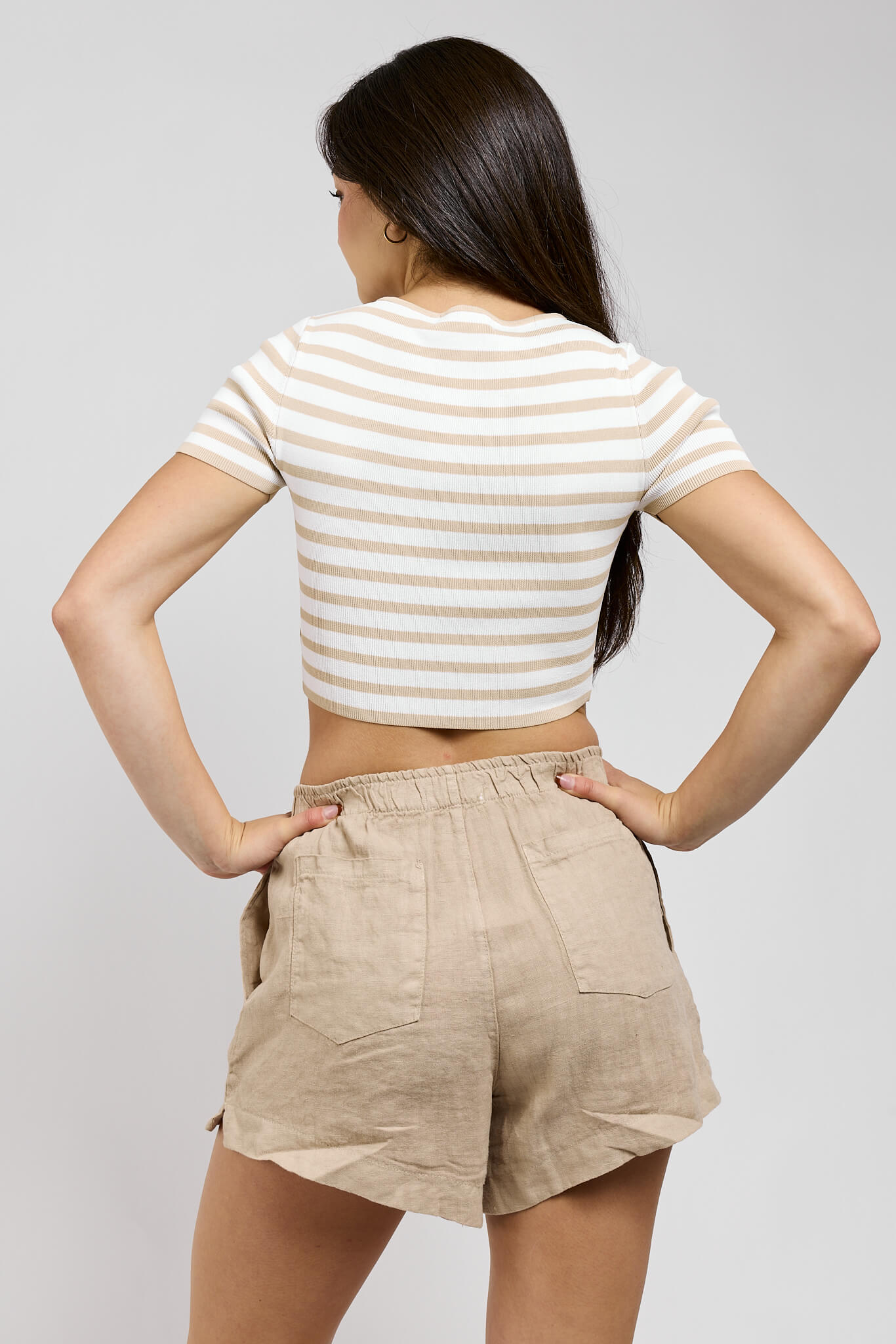 Womens horizontal striped top in white and light taupe
