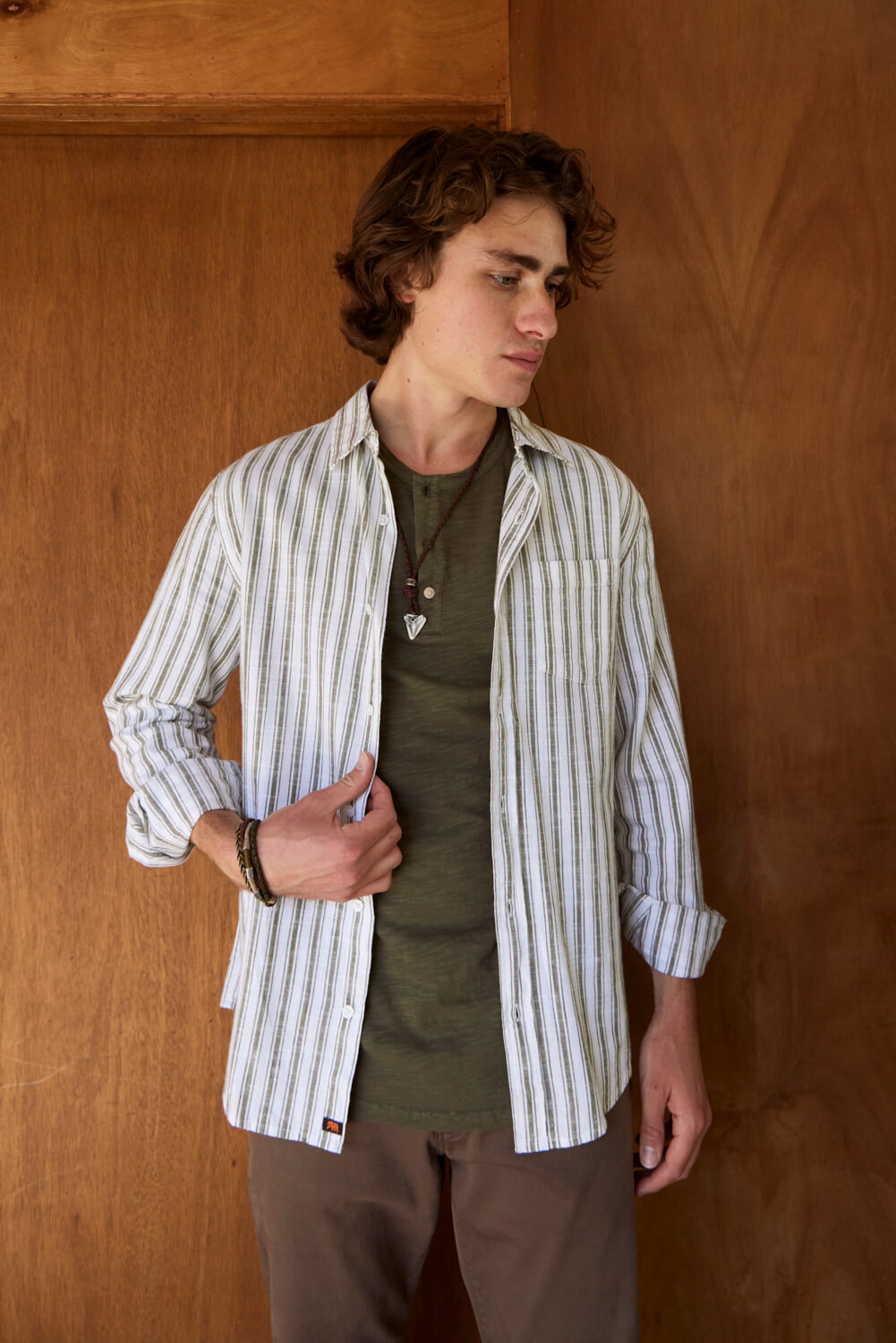 The Normal Brand lived in cotton button up in pine needle stripe